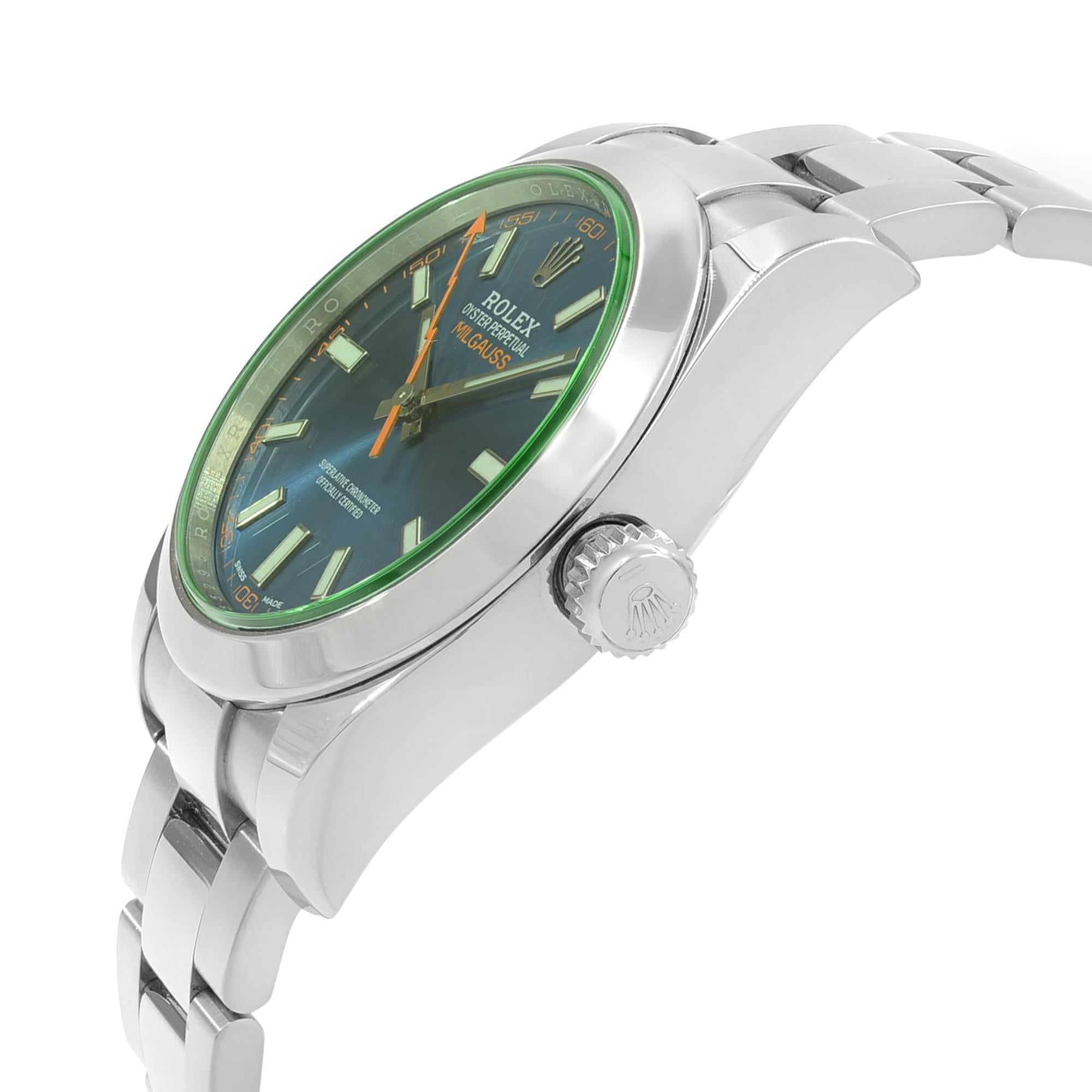 Rolex Milgauss Green Sapphire Steel Blue Index Dial Automatic 116400GV Mint B/P In Excellent Condition In New York, NY