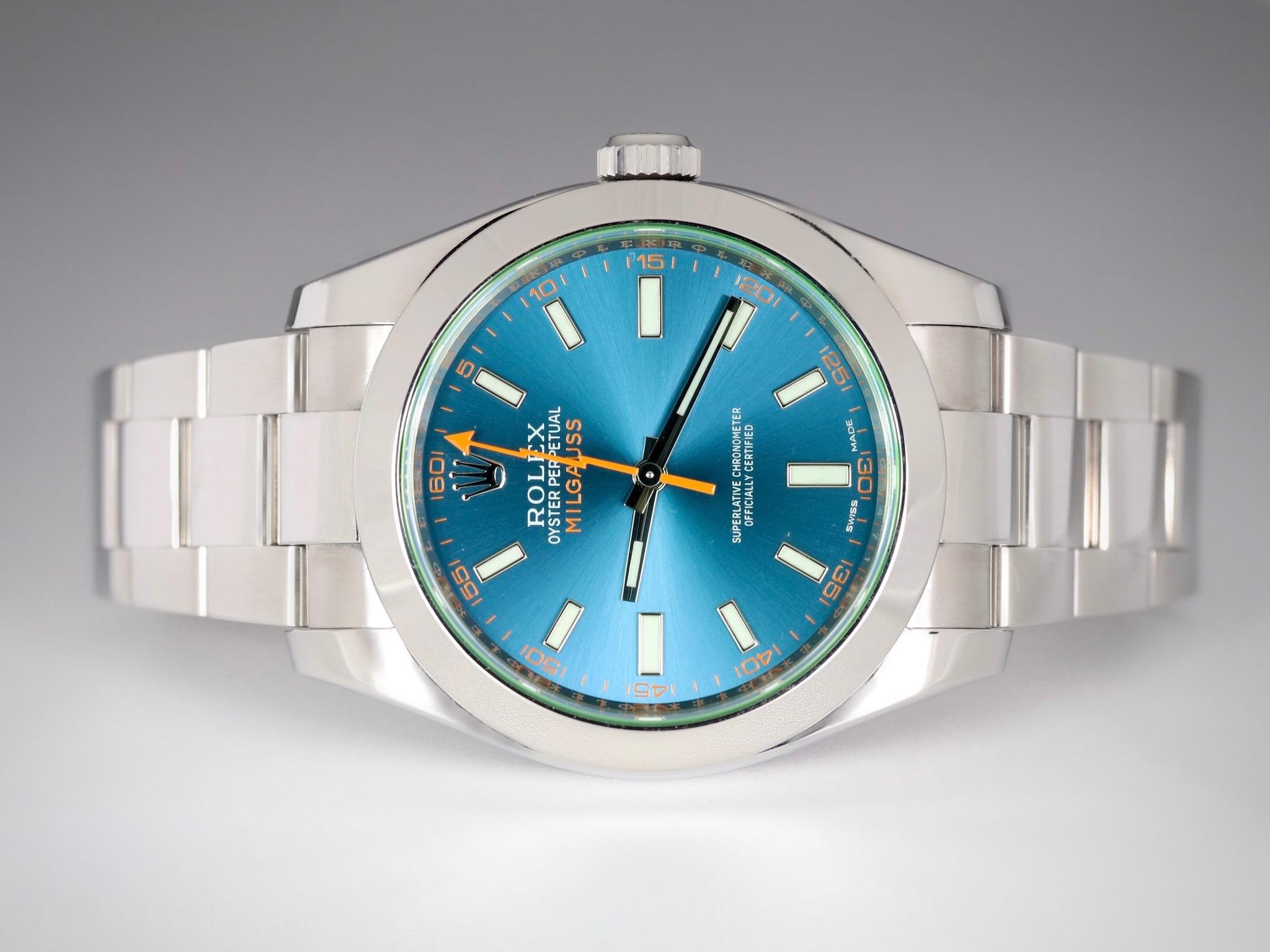 Contemporary Rolex Milgauss Stainless Steel 40 mm Z-blue Dial Oyster Style: 116400GV 2022 For Sale