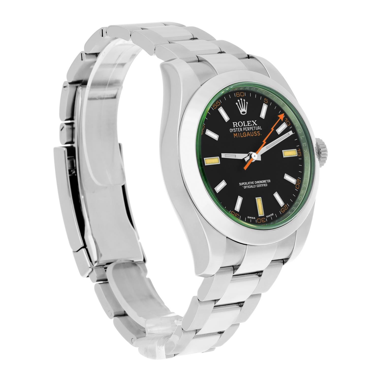 Rolex Milgauss Edelstahl 40mm Schwarzes Zifferblatt 116400GV Box/Bücher komplett im Zustand „Hervorragend“ im Angebot in New York, NY
