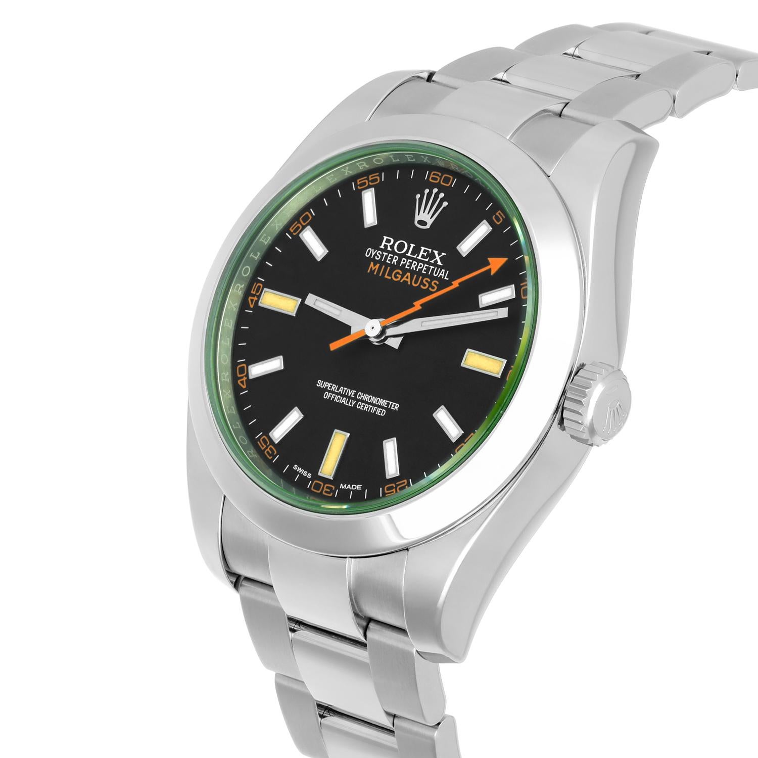 Rolex Milgauss Edelstahl 40mm Schwarzes Zifferblatt 116400GV Box/Bücher komplett Herren im Angebot