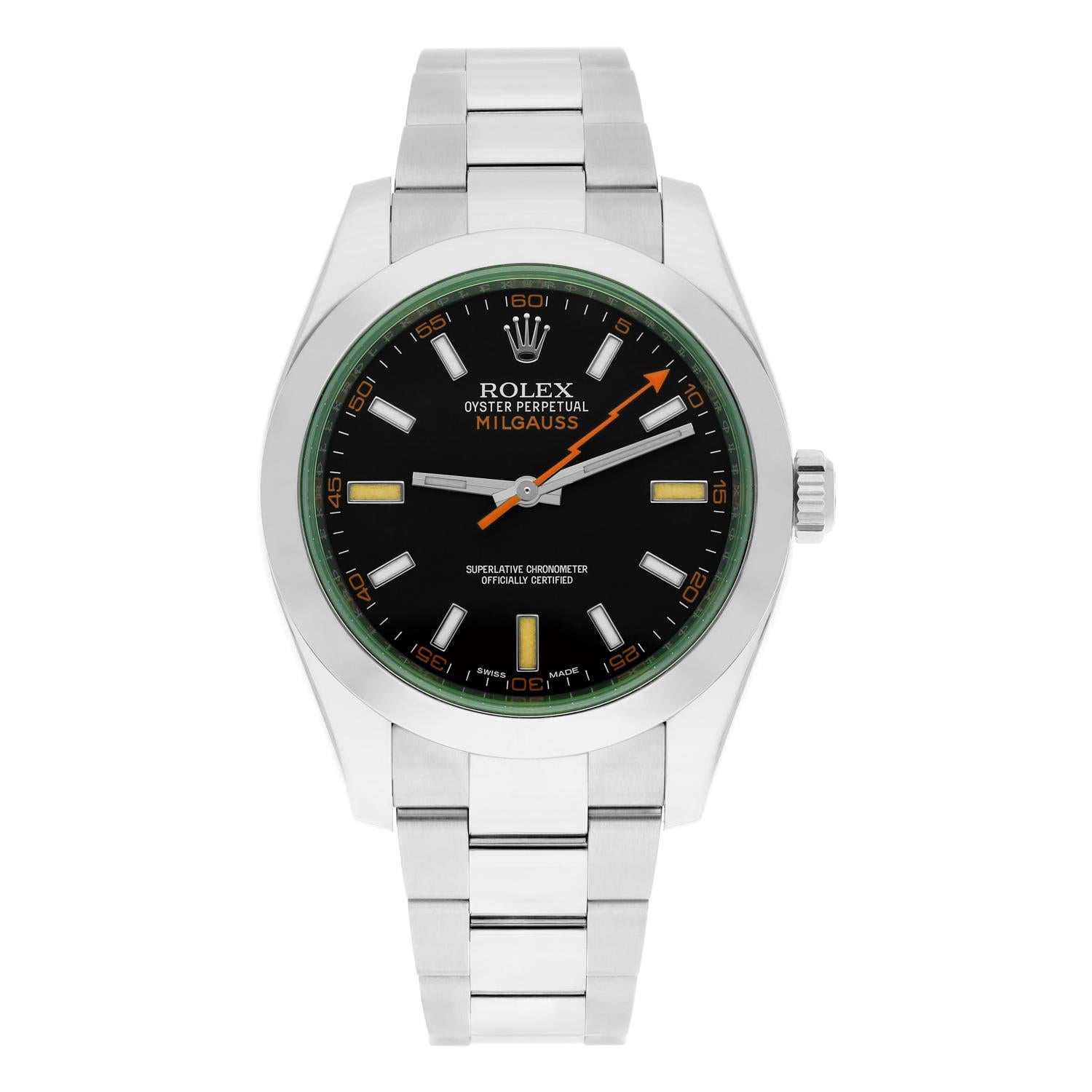 Rolex Stainless Steel 40mm Milgauss Black Dial 116400GV Box/Papers MINT

This watch has been professionally polished, serviced and does not have any visible scratches or blemishes. It is a genuine Rolex which has been inspected to verify