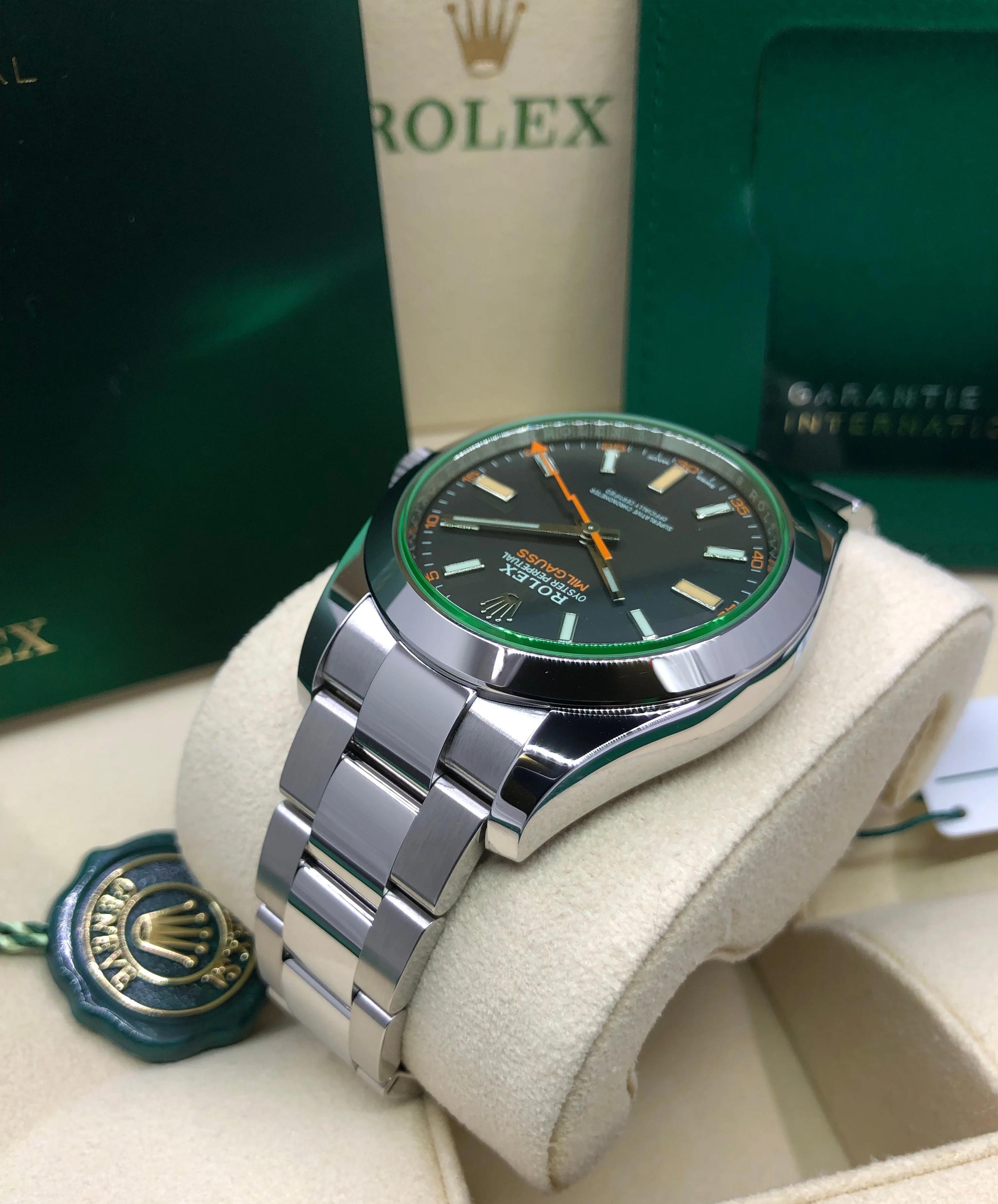 Modernist Rolex Milgauss Stainless Steel Black Dial Green Crystal Mens Watch 116400GV For Sale