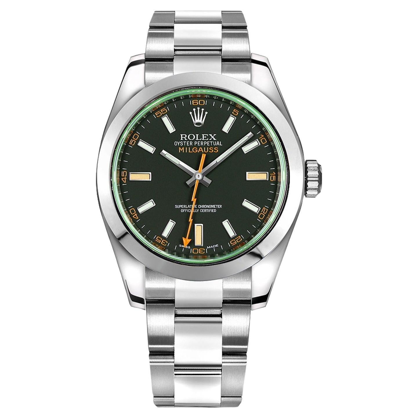 Rolex Milgauss Stainless Steel Black Dial Green Crystal Mens Watch 116400GV For Sale