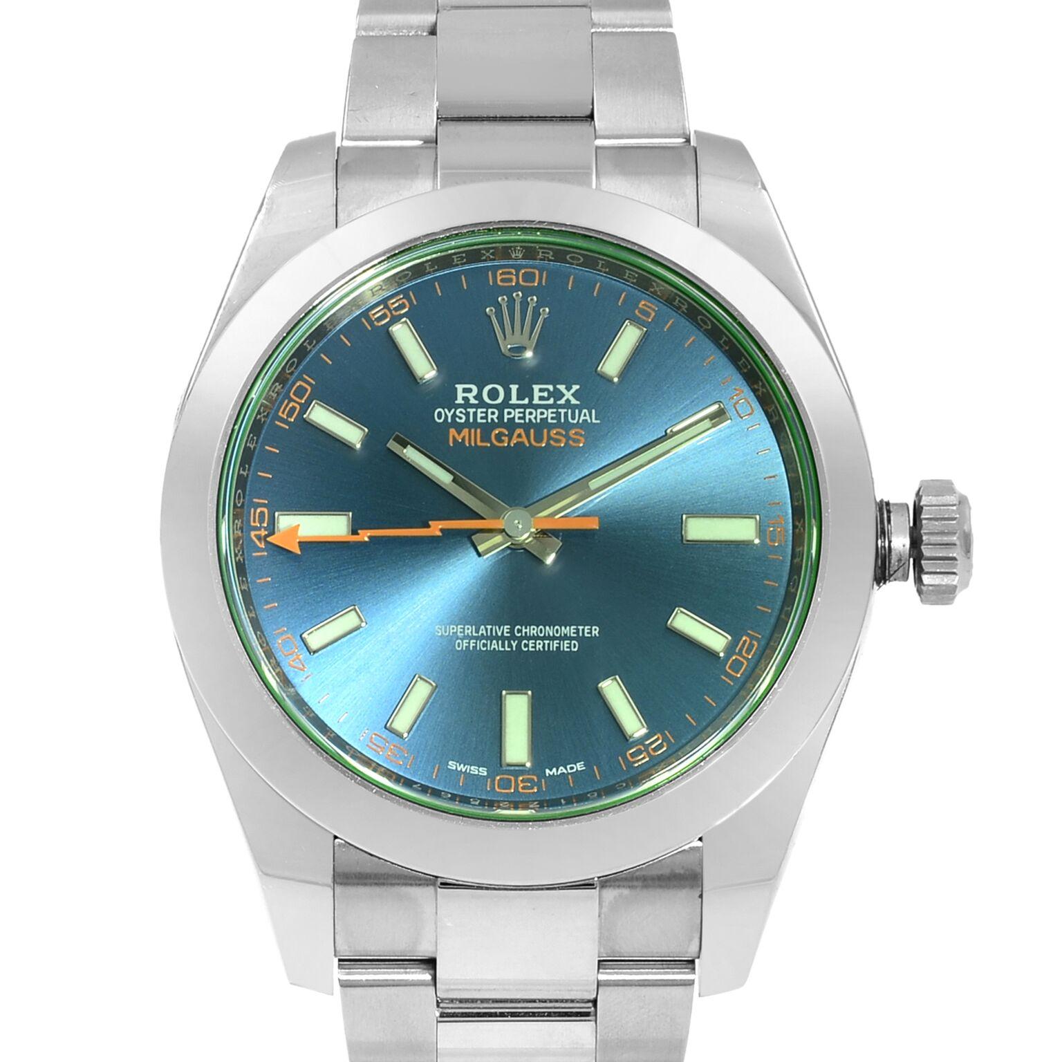 This pre-owned Rolex Milgauss  116400GV is a beautiful men's timepiece that is powered by a mechanical (automatic) movement which is cased in a stainless steel case. It has a round shape face, no features dial, and has hand sticks style markers. It