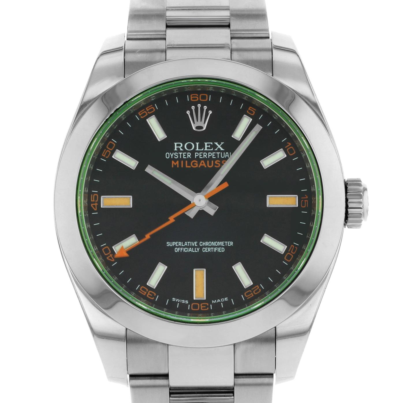 This pre-owned Rolex Milgauss 116400GV is a beautiful men's timepiece that is powered by mechanical (automatic) movement which is cased in a stainless steel case. It has a round shape face, no features dial and has hand sticks style markers. It is