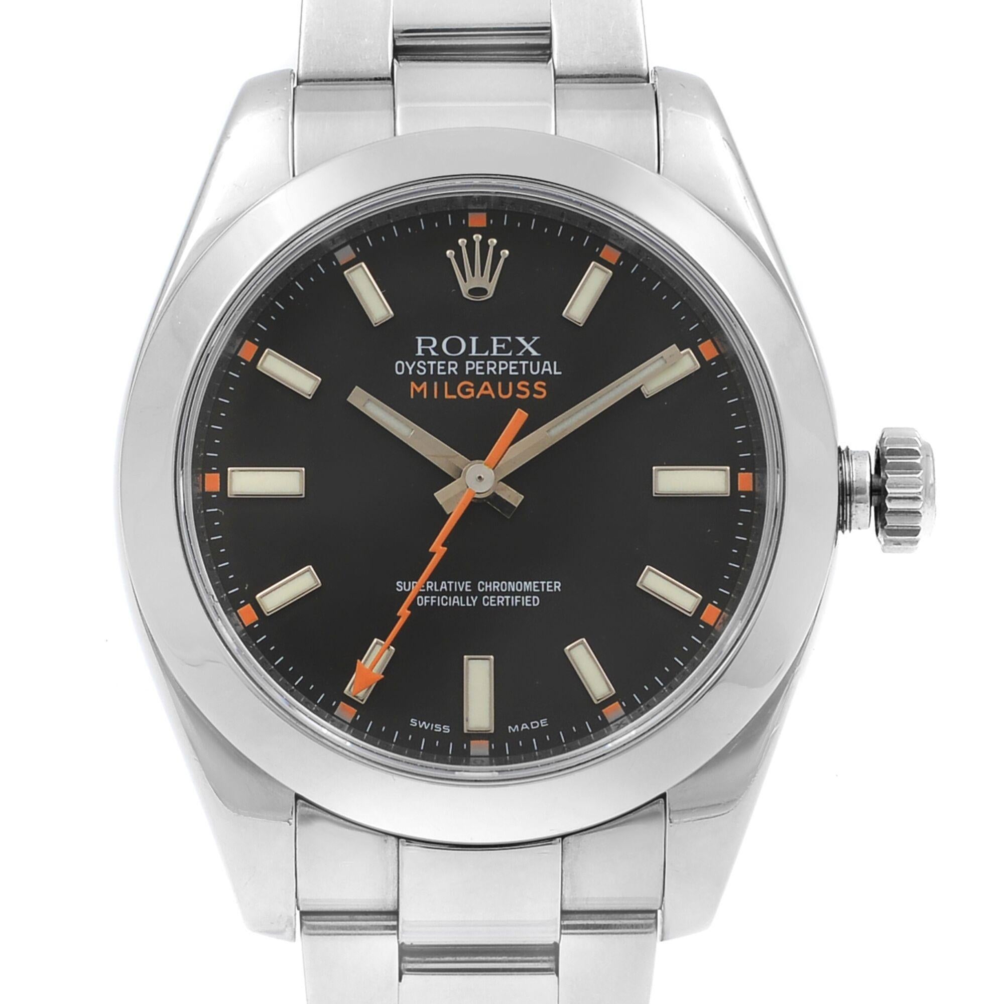 This pre-owned Rolex Milgauss 116400 BKO is a beautiful men's timepiece that is powered by mechanical (automatic) movement which is cased in a stainless steel case. It has a round shape face, no features dial and has hand sticks style markers. It is
