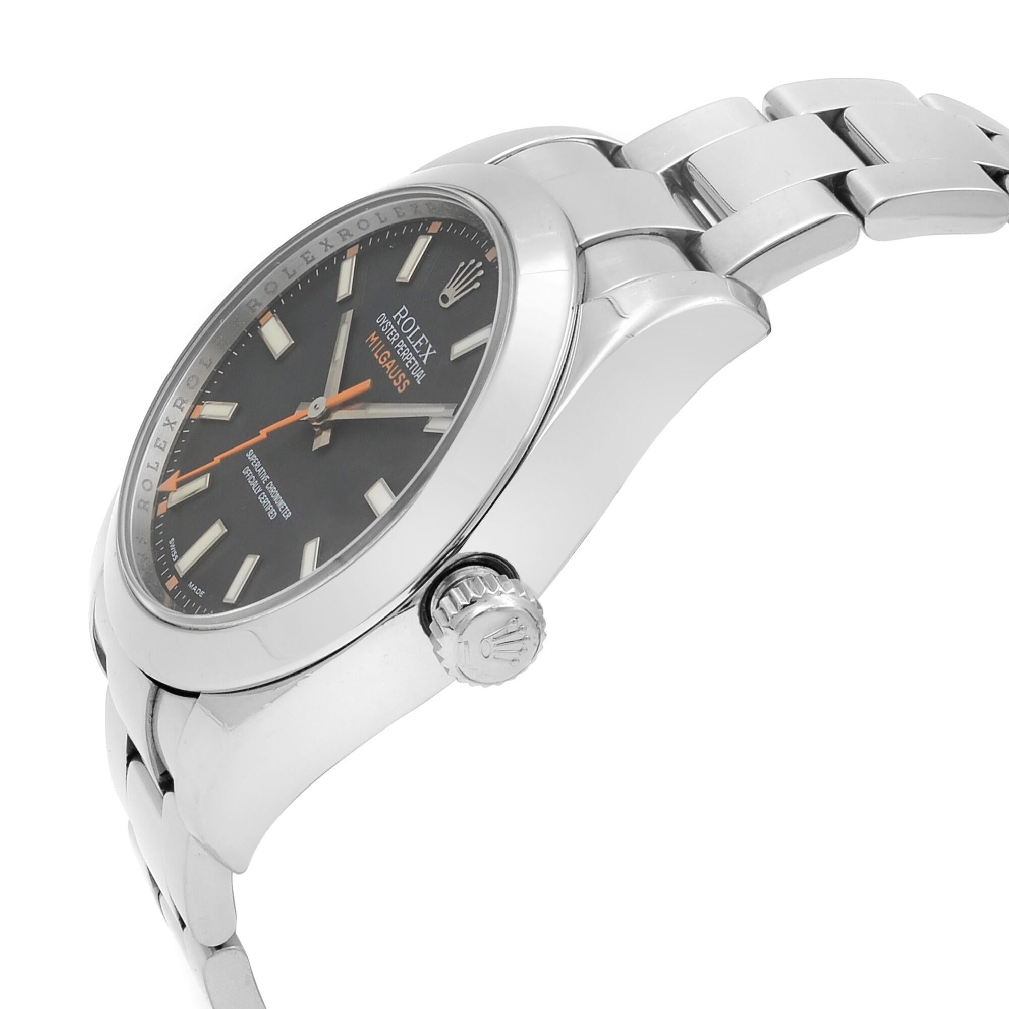 Rolex Milgauss Steel Black Dial Orange Hand Automatic Montre pour hommes 116400 BKO Excellent état à New York, NY