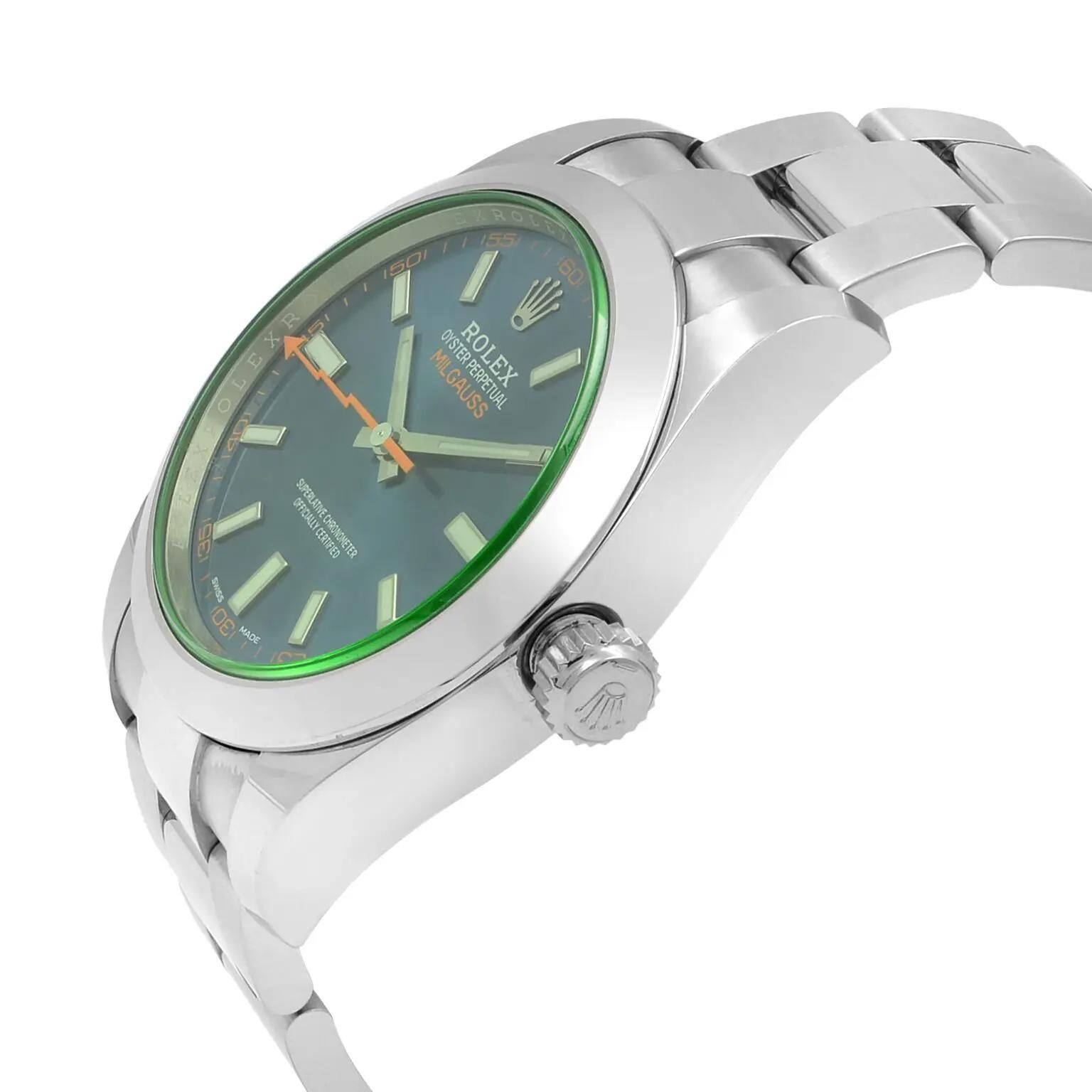 Rolex Milgauss Steel Green Sapphire Z-Blue Dial Automatic Mens Watch 116400GV In Excellent Condition For Sale In New York, NY