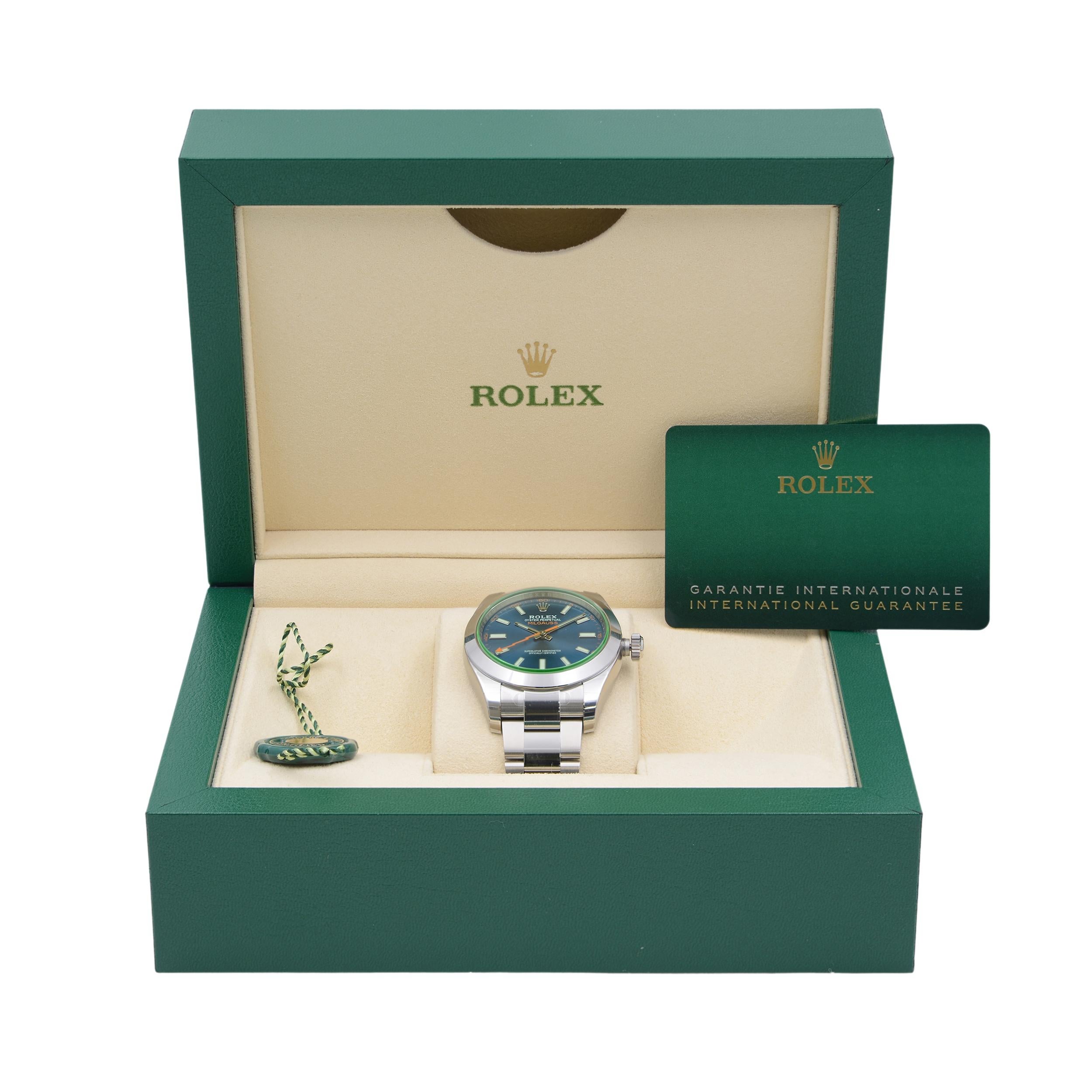 Rolex Milgauss Steel Green Sapphire Z-Blue Dial Automatic Mens Watch 116400GV For Sale 3