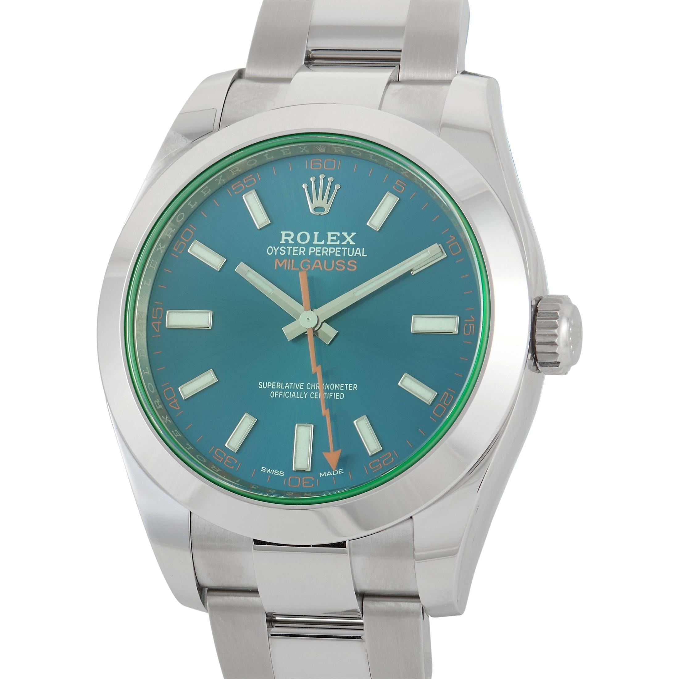 The Rolex Milgauss Watch, reference number 116400GV-0002, will add a bold pop of color to any ensemble. 

This luxury timepiece includes a round 40mm case, bezel, and bracelet crafted from Stainless Steel. A bold blue dial provides the perfect