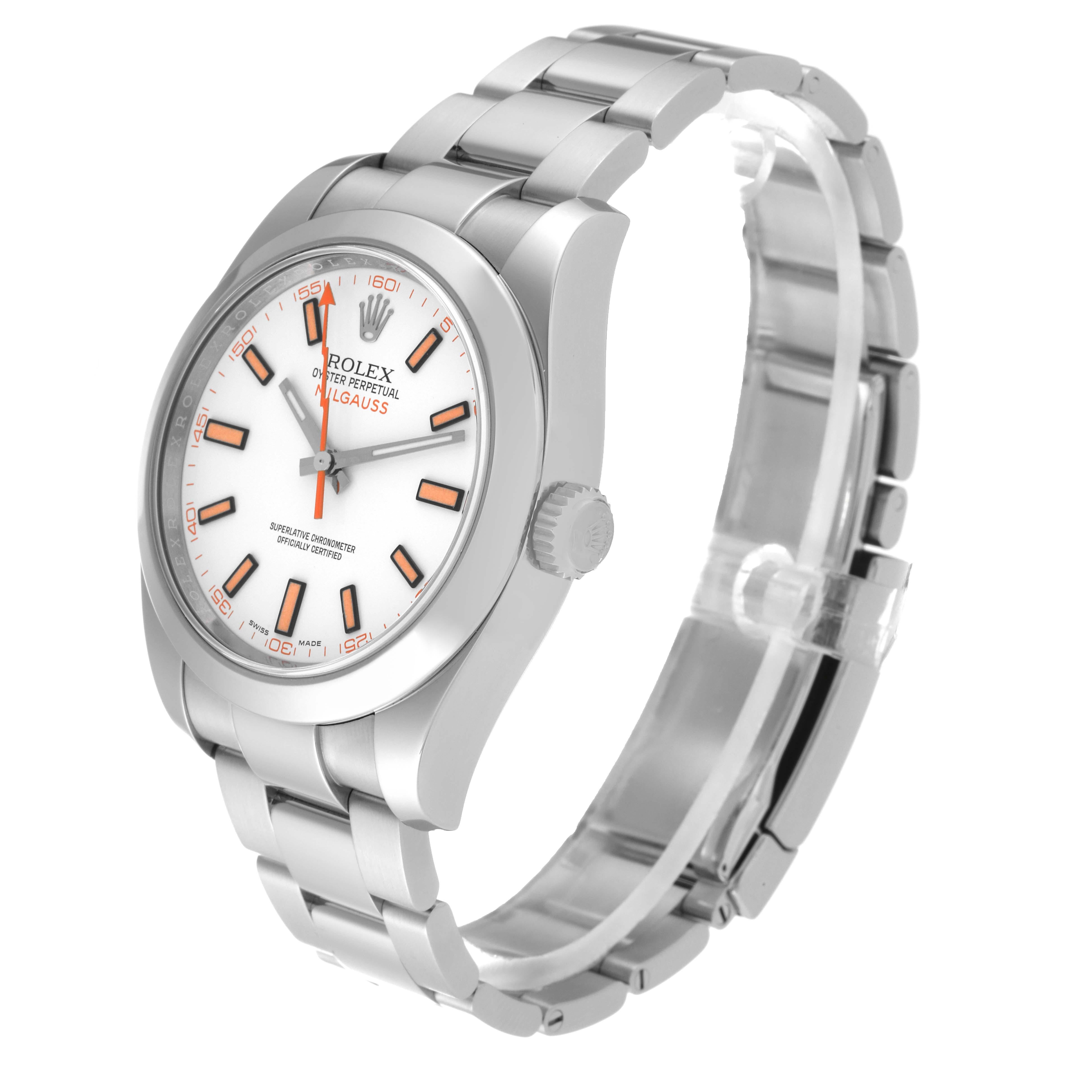 Men's Rolex Milgauss White Dial Orange Markers Steel Mens Watch 116400 Box Card