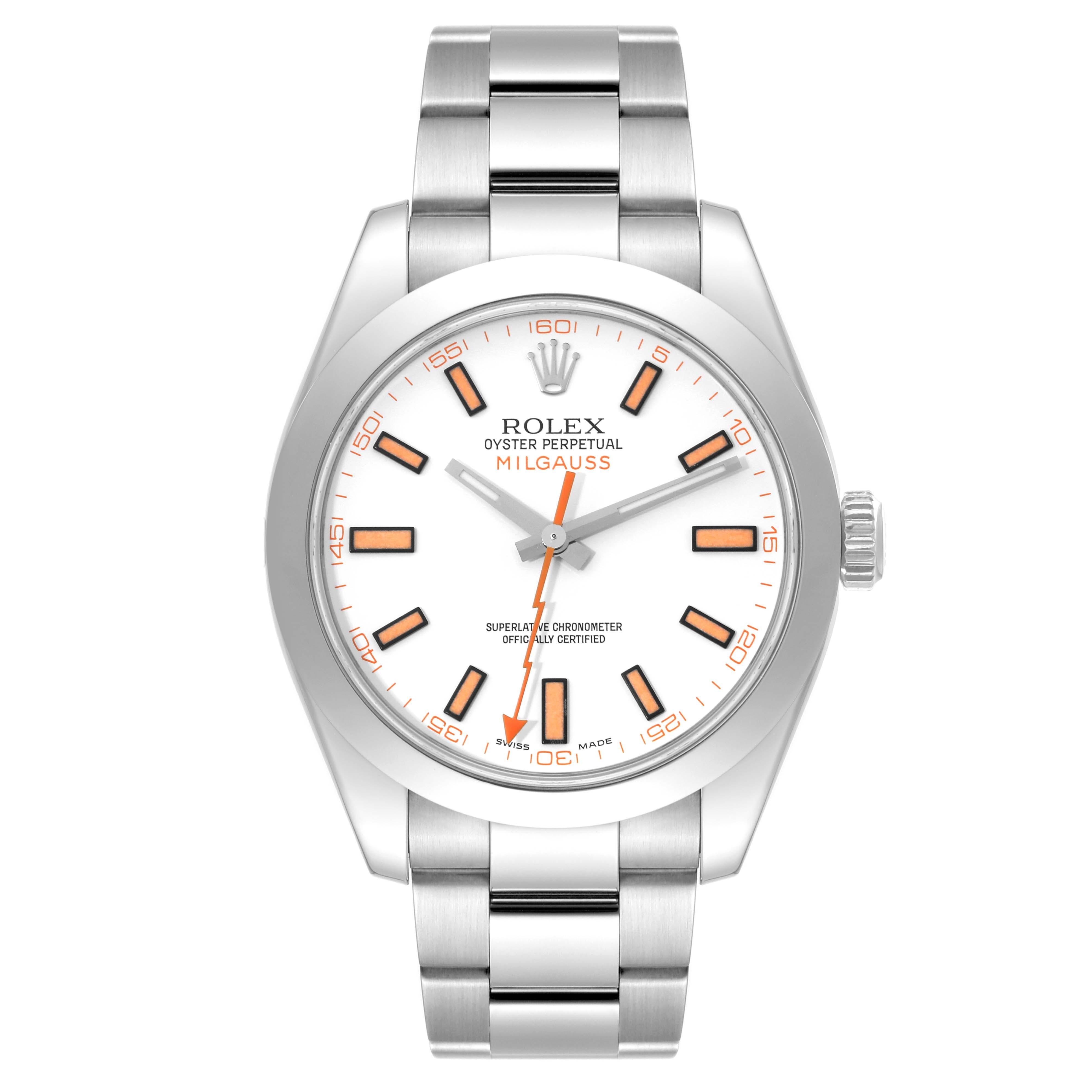 Rolex Milgauss White Dial Orange Markers Steel Mens Watch 116400. Officially certified chronometer self-winding movement. Stainless steel case 40.0 mm in diameter. Stainless steel smooth domed bezel. Scratch resistant sapphire crystal. White dial