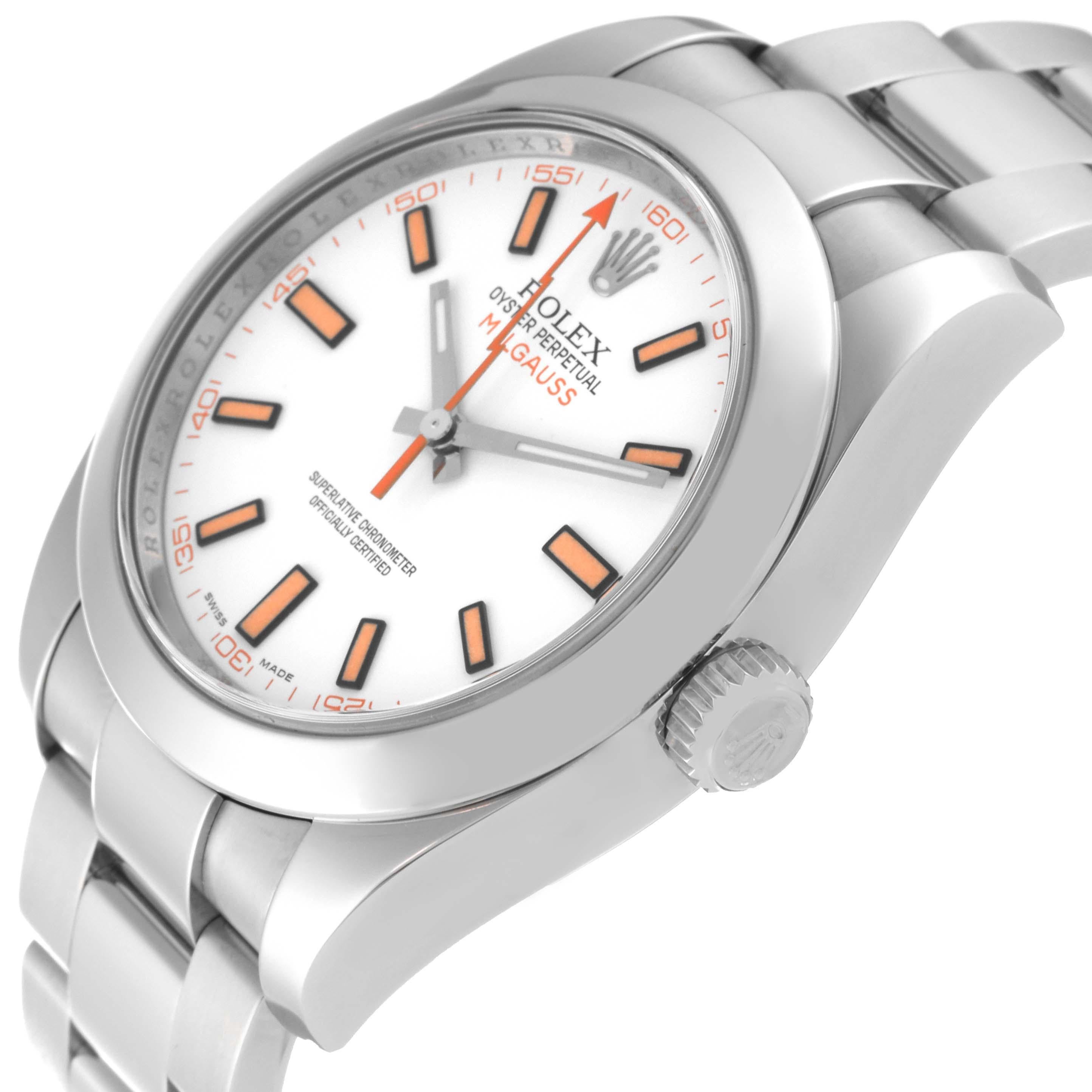 Rolex Milgauss White Dial Orange Markers Steel Mens Watch 116400 en vente 1