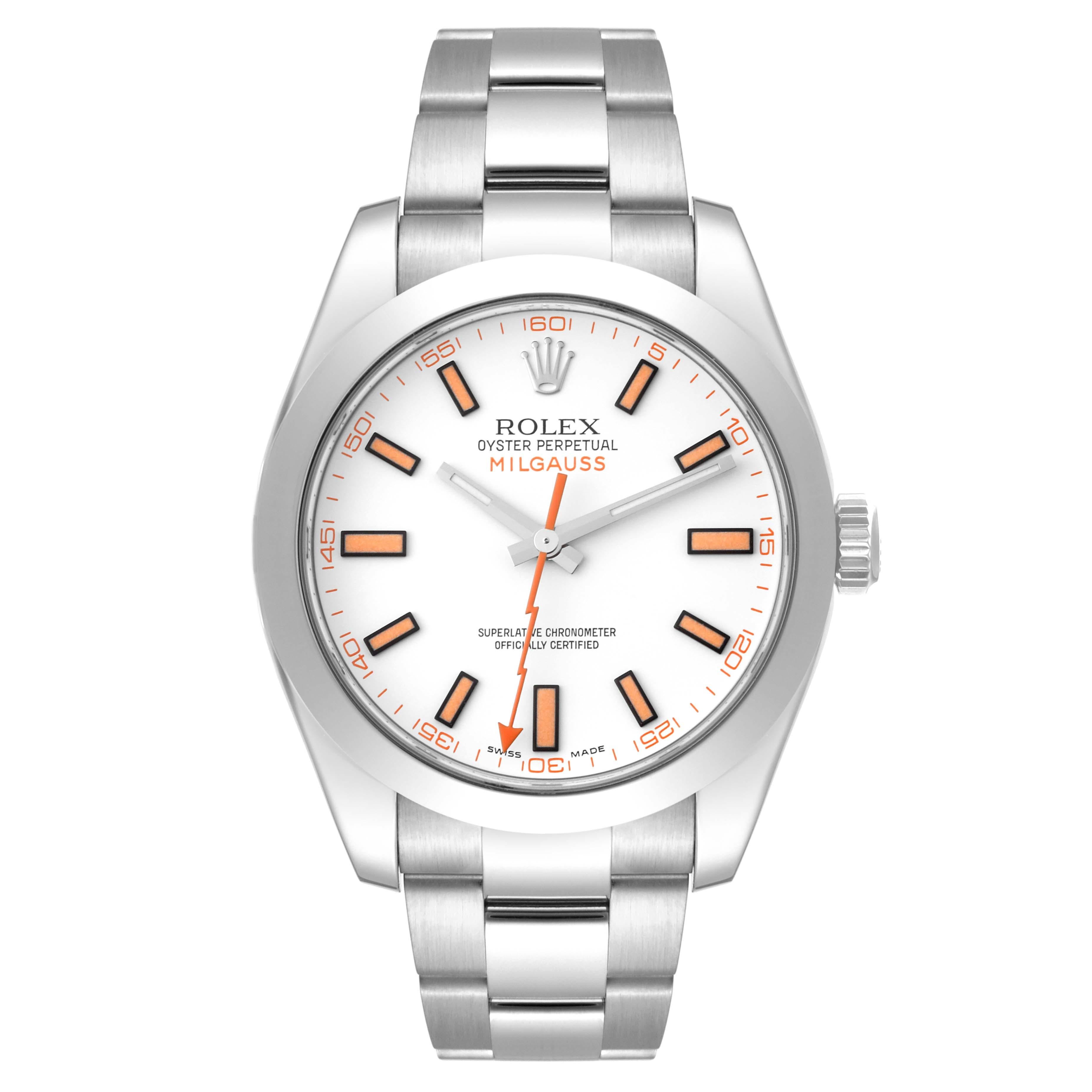 Rolex Milgauss White Dial Orange Markers Steel Mens Watch 116400 2