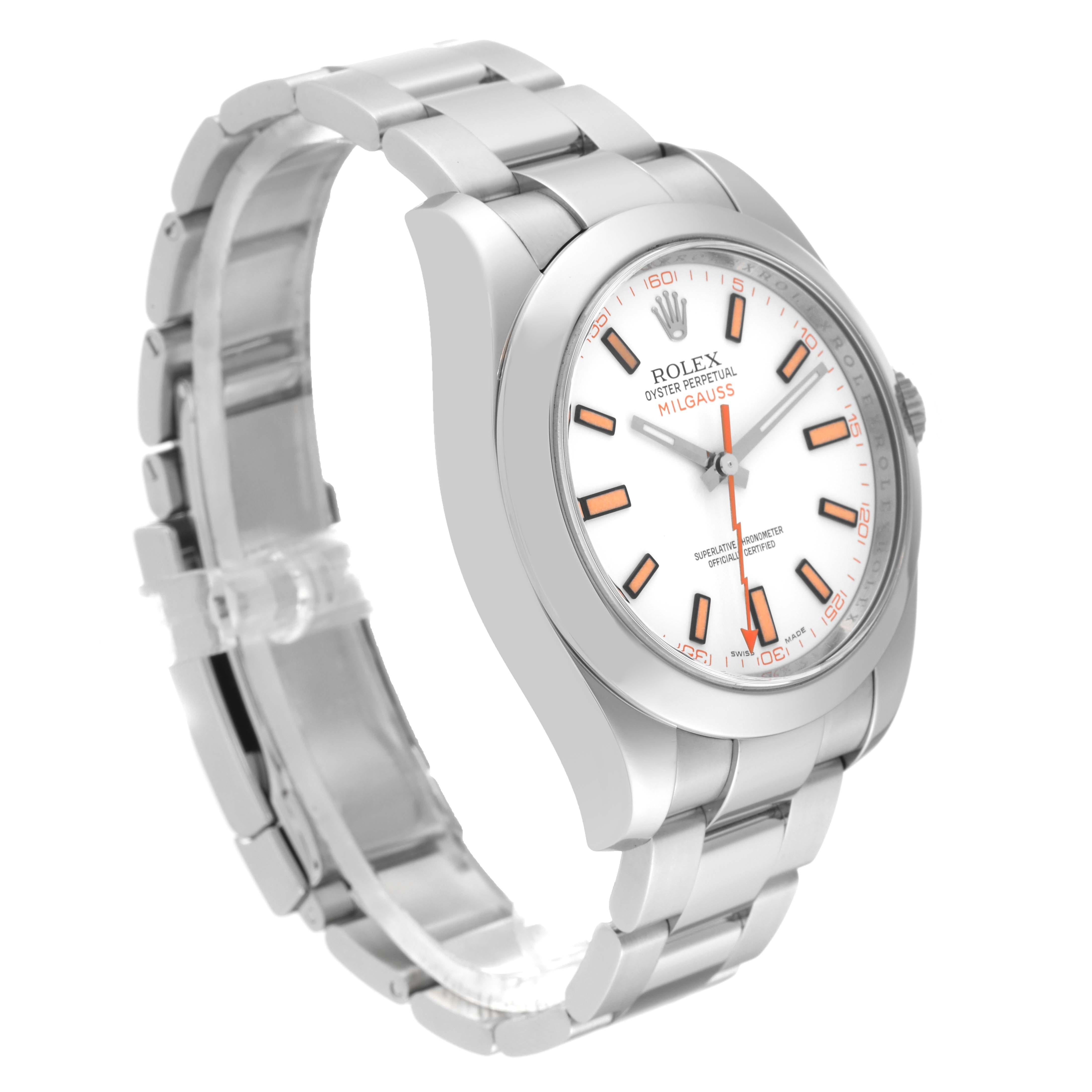 Rolex Milgauss White Dial Orange Markers Steel Mens Watch 116400 en vente 2