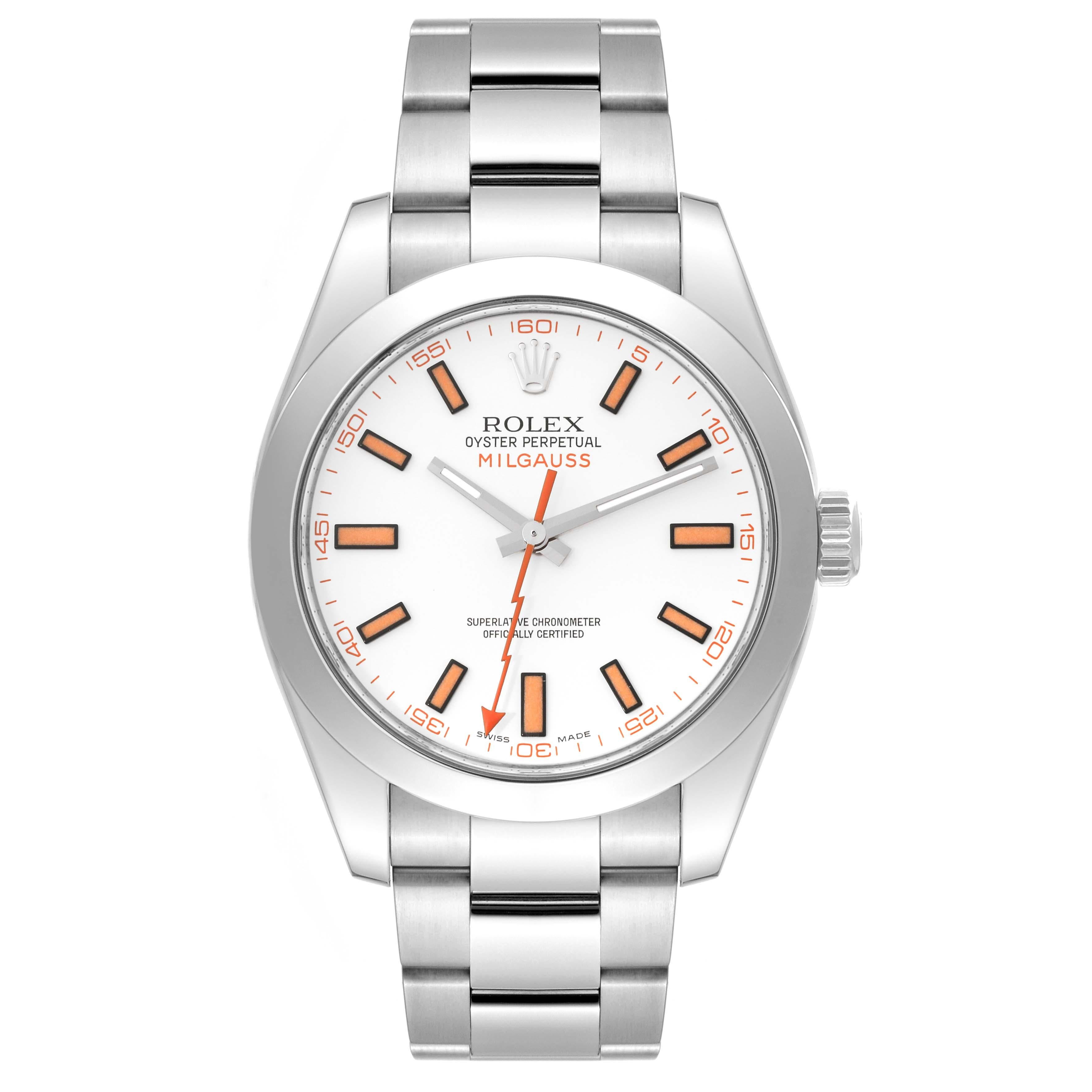 Rolex Milgauss White Dial Orange Markers Steel Mens Watch 116400 en vente 5