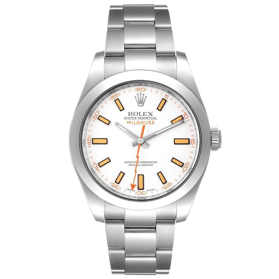 Rolex Milgauss White Dial Stainless Steel Mens Watch 116400. Officially certified chronometer self-winding movement. Stainless steel case 40.0 mm in diameter. Stainless steel smooth domed bezel. Scratch resistant sapphire crystal. White dial with