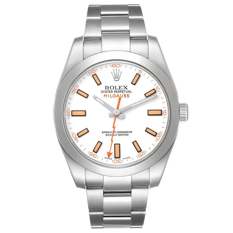 Rolex Milgauss White Dial Stainless Steel Mens Watch 116400V Box Card. Officially certified chronometer self-winding movement. Stainless steel case 40.0 mm in diameter. Stainless steel smooth domed bezel. Scratch resistant sapphire crystal. White