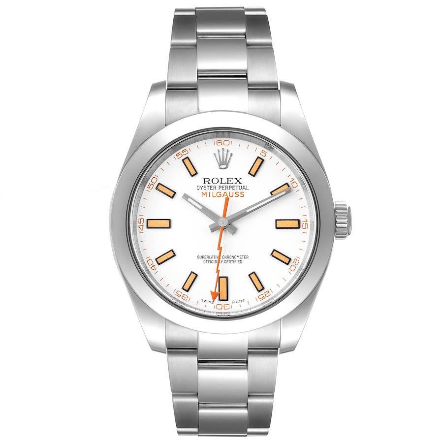 Rolex Milgauss White Dial Stainless Steel Mens Watch 116400V. Officially certified chronometer self-winding movement. Stainless steel case 40.0 mm in diameter. Stainless steel smooth domed bezel. Scratch resistant sapphire crystal. White dial with