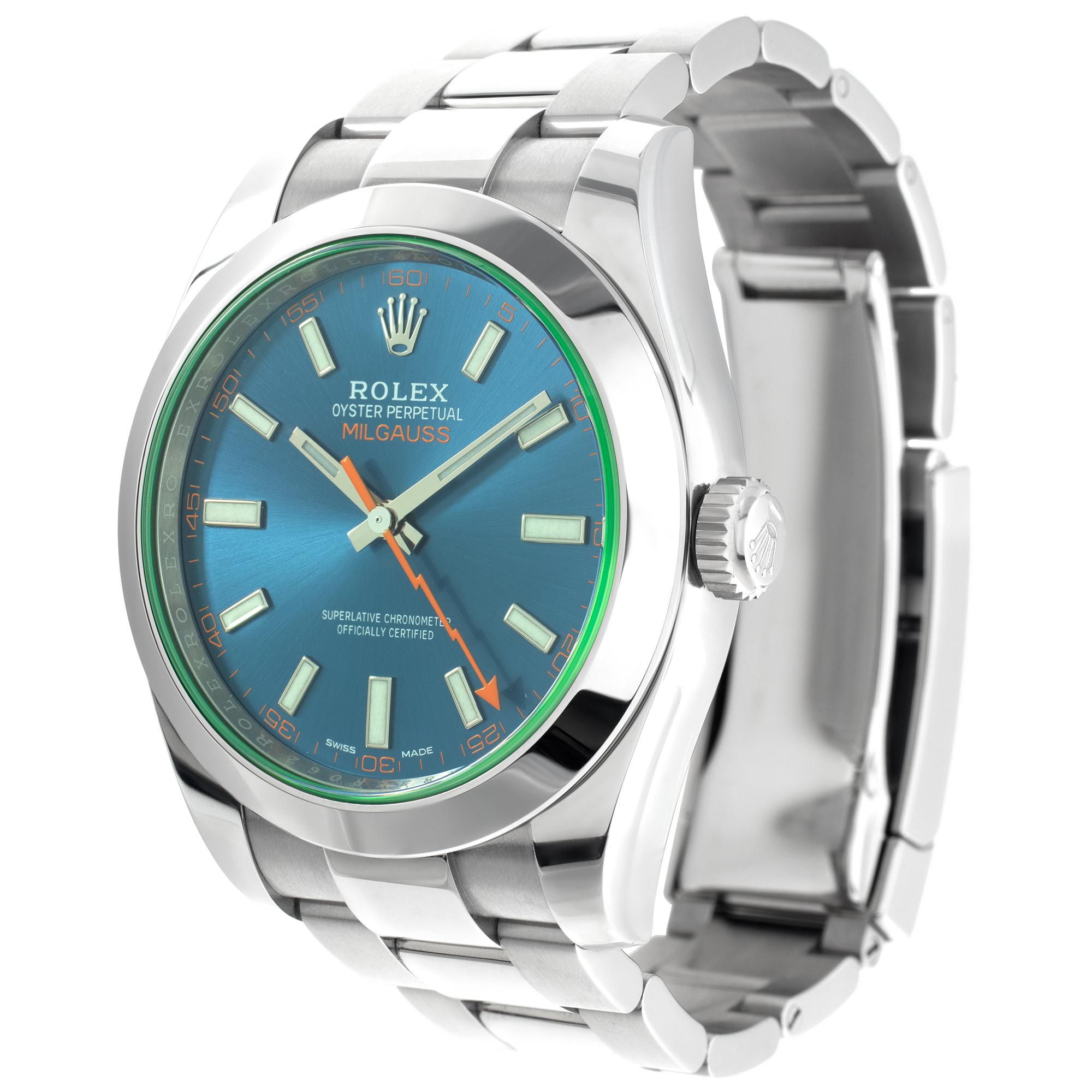 Rolex Milgauss Z Blue in stainless steel. Auto w/ sweep seconds. 40 mm case size. With box & booklets. **Bank wire only at this price** Ref  116400GV. Fine Pre-owned Rolex Watch. Certified preowned Sport Rolex Milgauss  116400GV watch is made out of