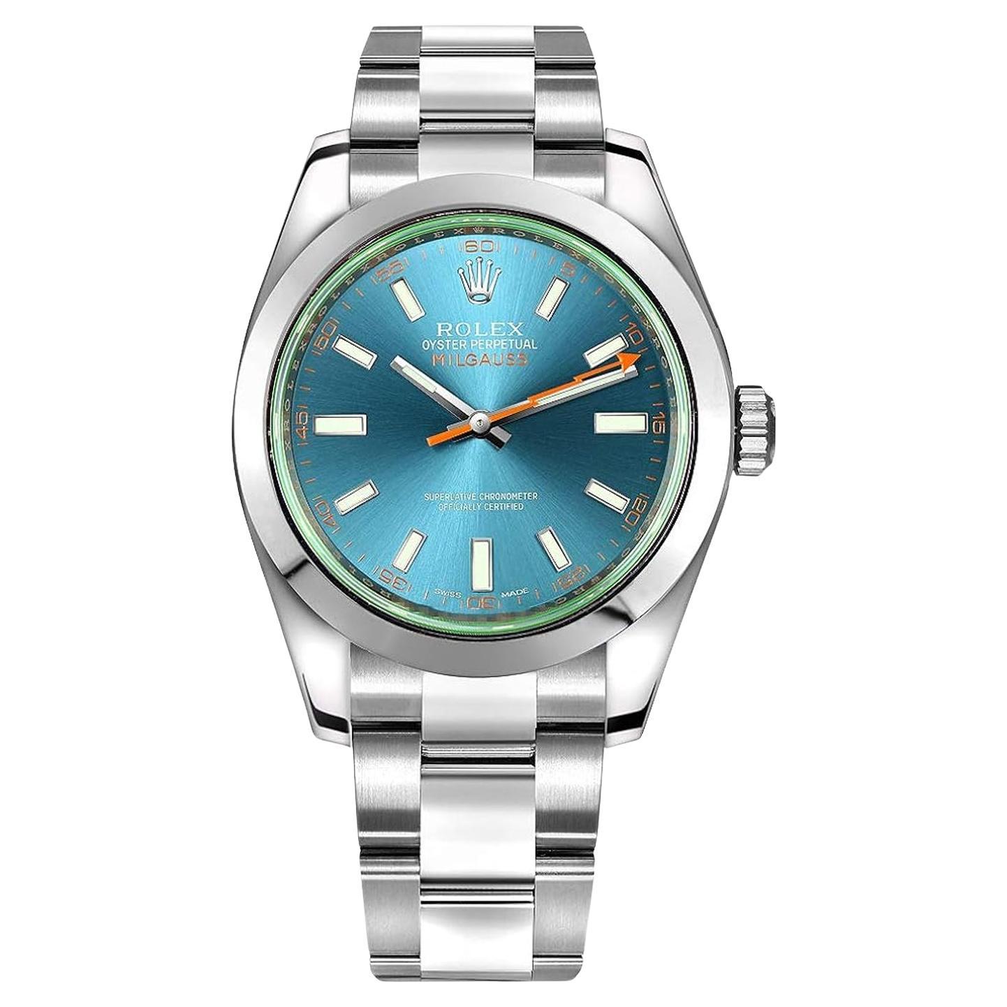 Rolex Milgauss Z-Blue Dial Green Crystal Steel Smooth Bezel Mens Watch 116400GV