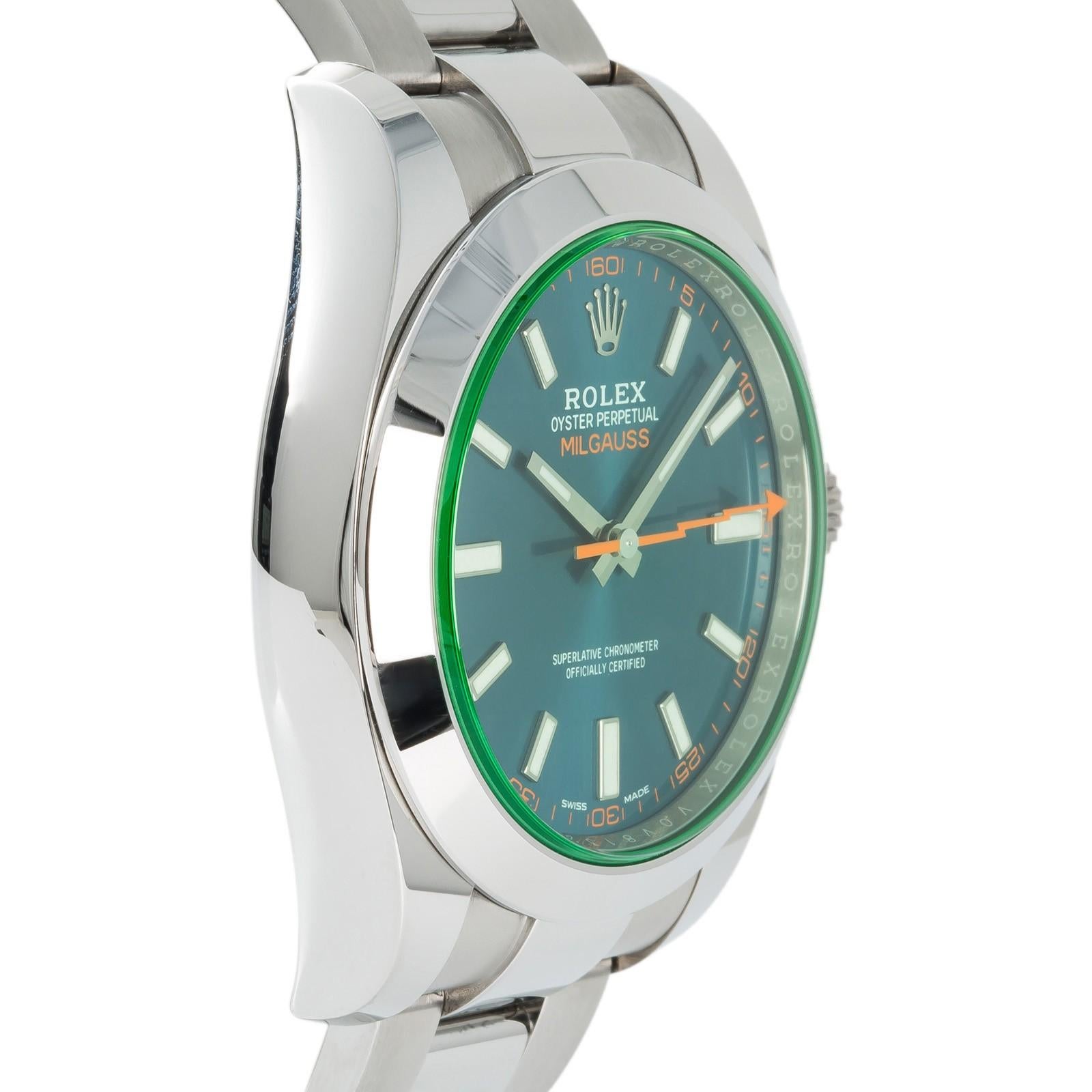 Rolex Milgauss 116400, Blue Dial Certified Authentic In Excellent Condition For Sale In Miami, FL