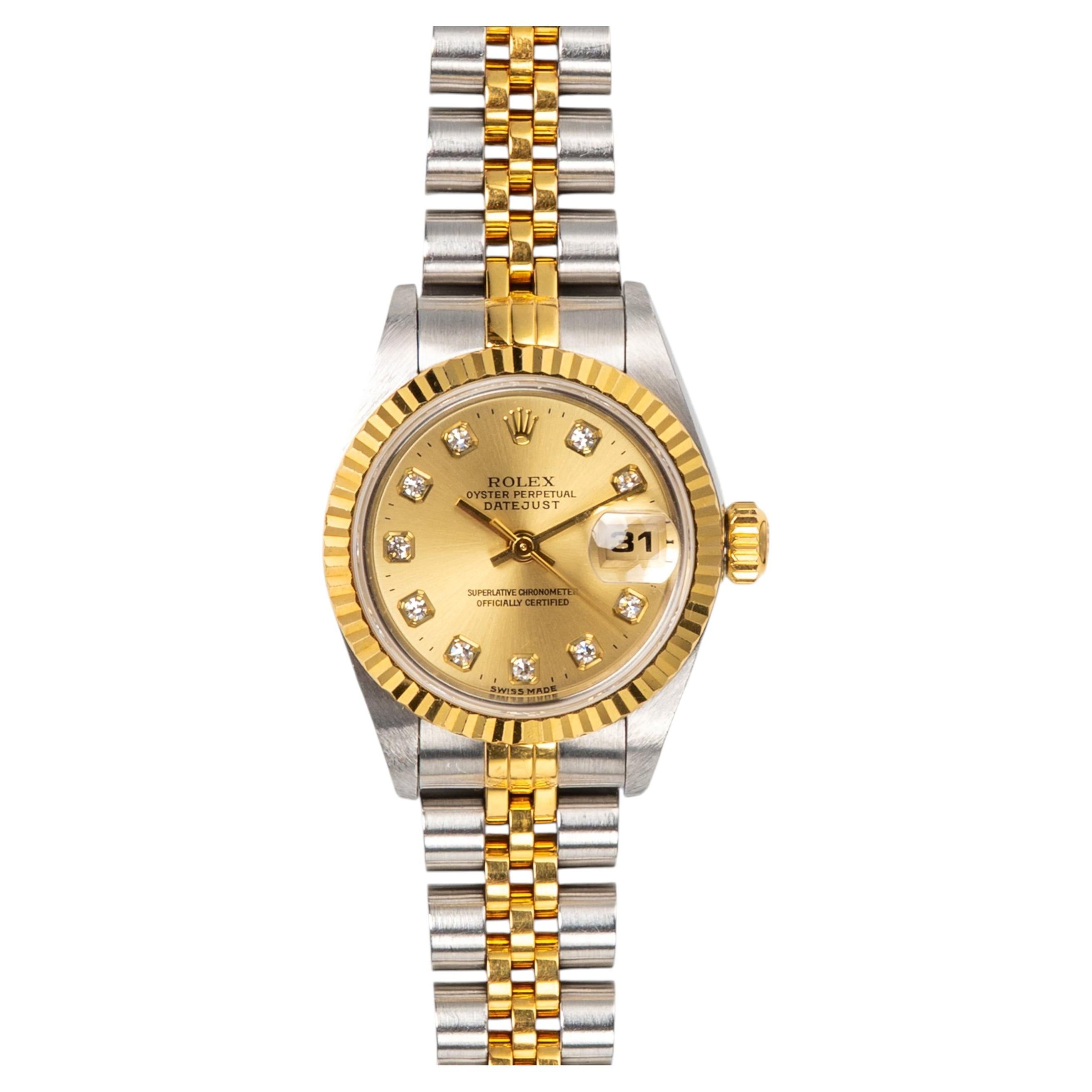 Rolex Mini Datejust 26mm 69173 Champán Gran Esfera Diamante SS/YG 2000 Caja y Papeleta