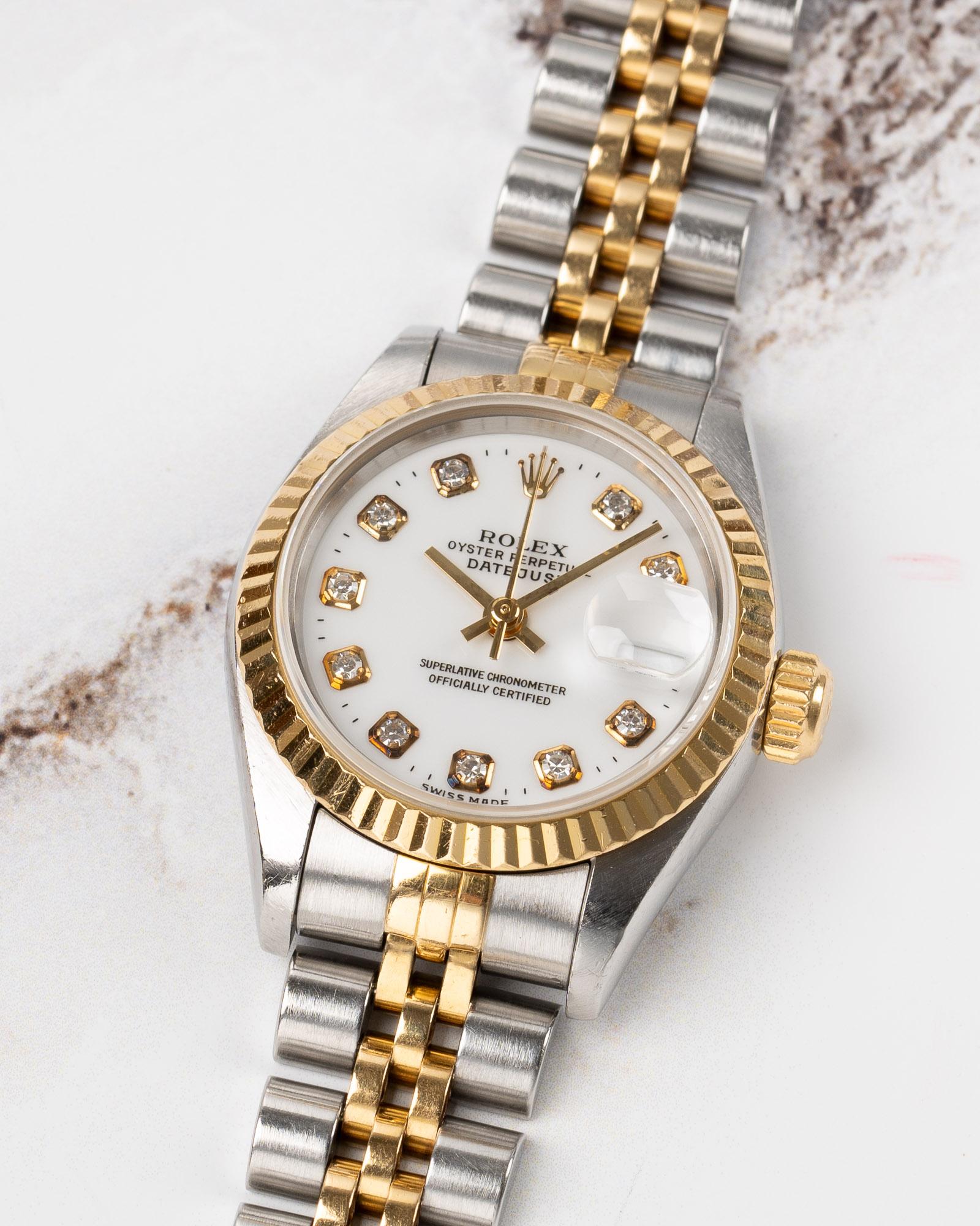 Rolex Mini Datejust 26mm 69173G Opaline White Diamond Dial TT YG/SS 1996 Pour femmes en vente