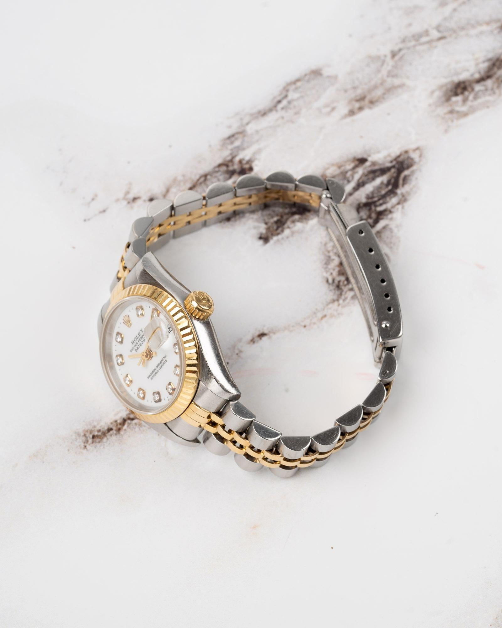 Rolex Mini Datejust 26mm 69173G Opaline White Diamond Dial TT YG/SS 1996 en vente 2