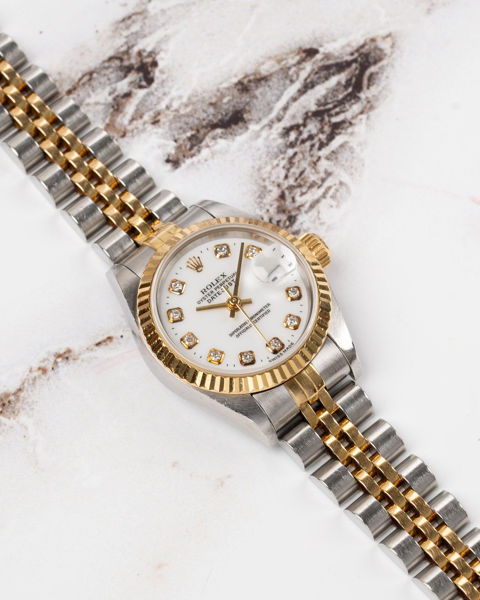 Rolex Mini Datejust 26mm 69173G Opaline White Diamond Dial TT YG/SS 1996 en vente 4