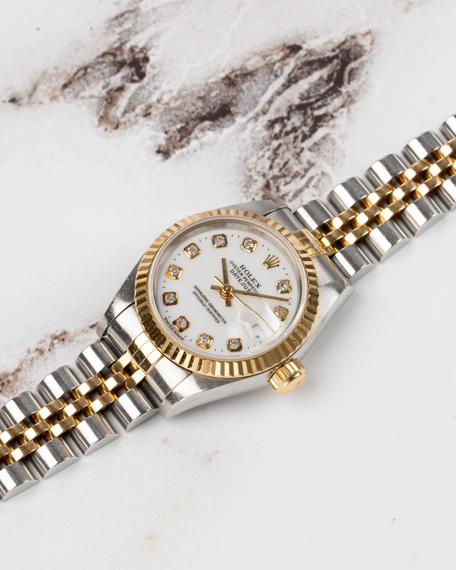 Rolex Mini Datejust 26mm 69173G Opaline White Diamond Dial TT YG/SS 1996 en vente 5