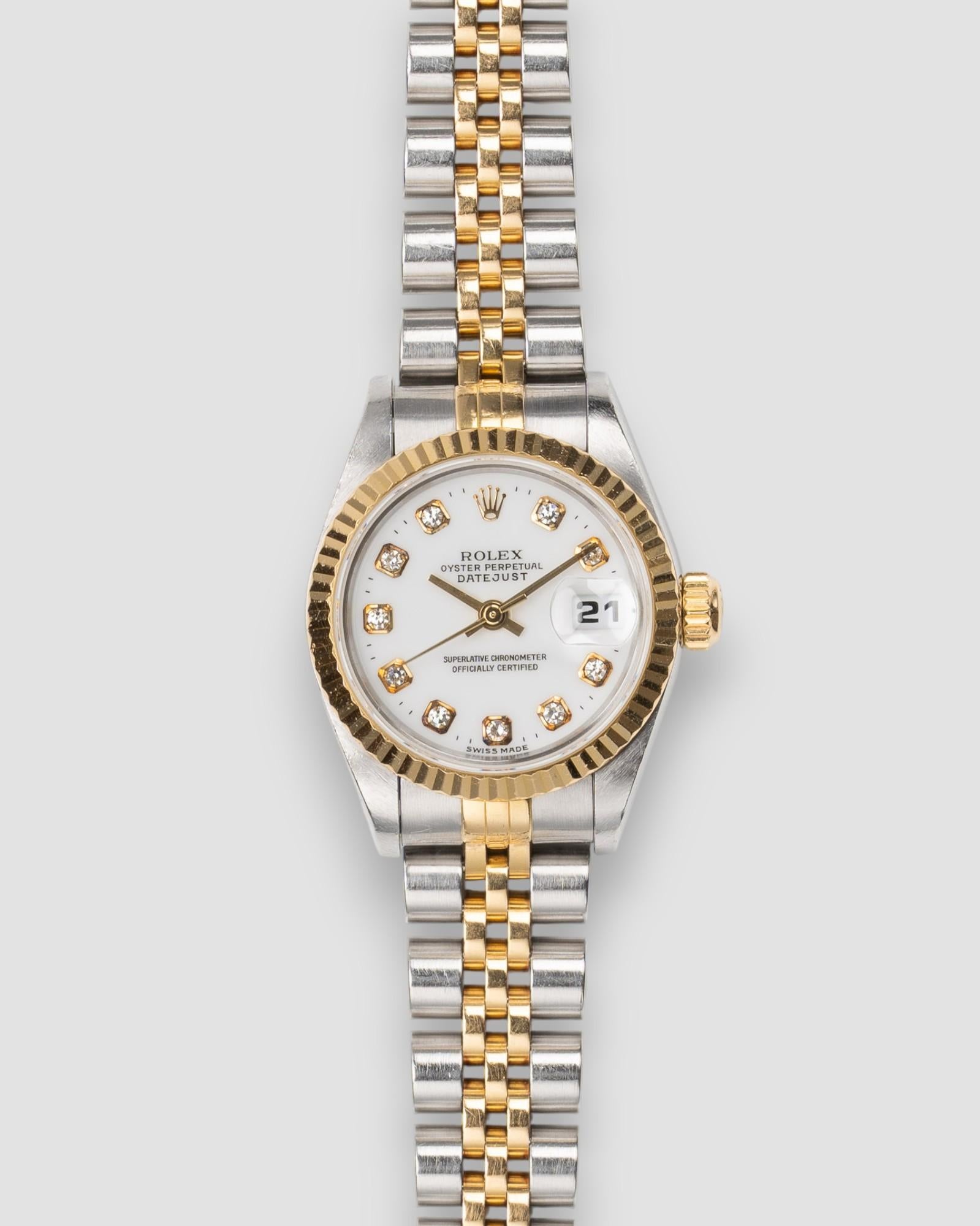 Rolex Mini Datejust 26mm 69173G Opaline White Diamond Dial TT YG/SS 1996 en vente