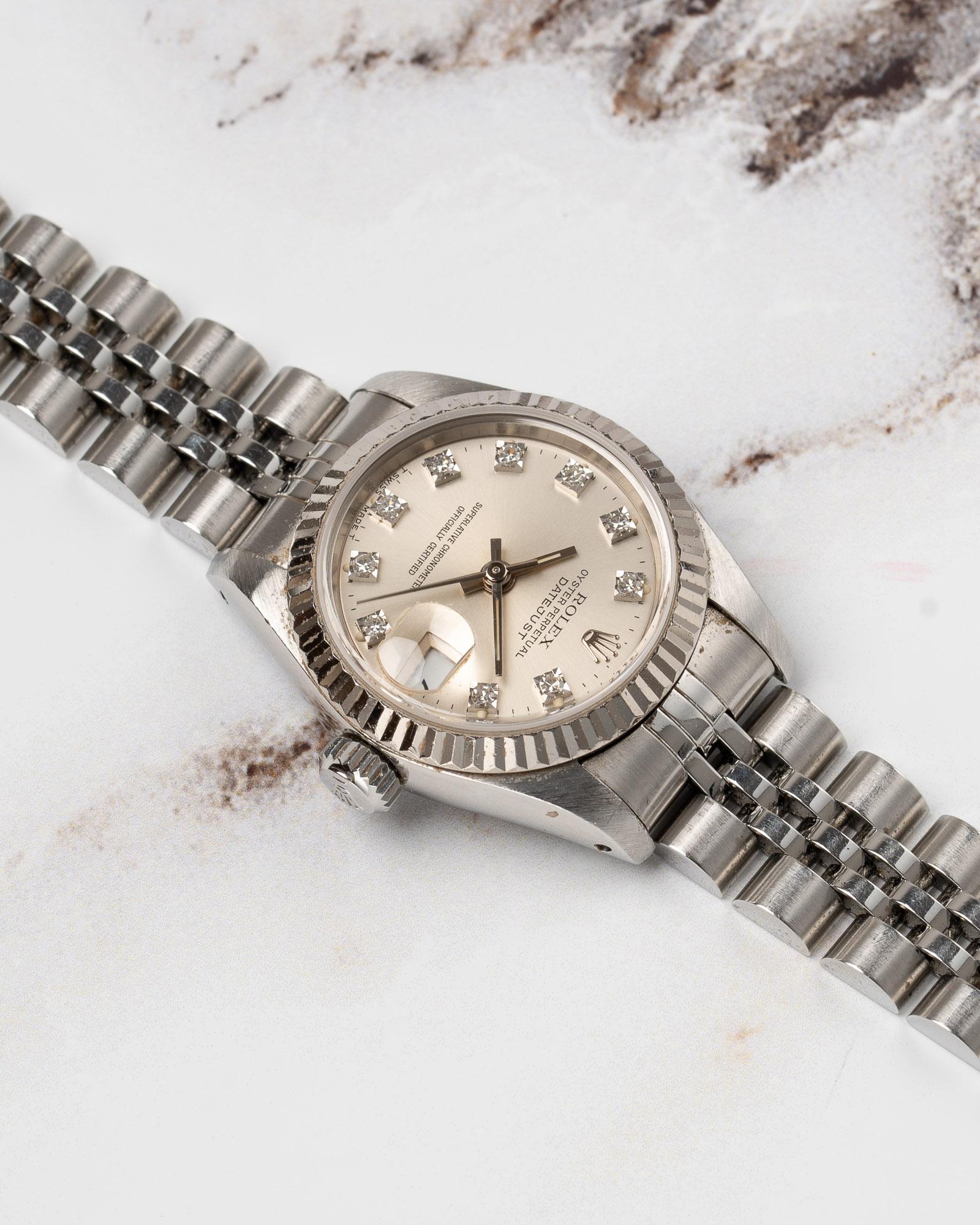 Rolex Mini Datejust 26mm 69174G Silver Diamond Dial 18k Fluted Bezel Jubilee 199 For Sale 6