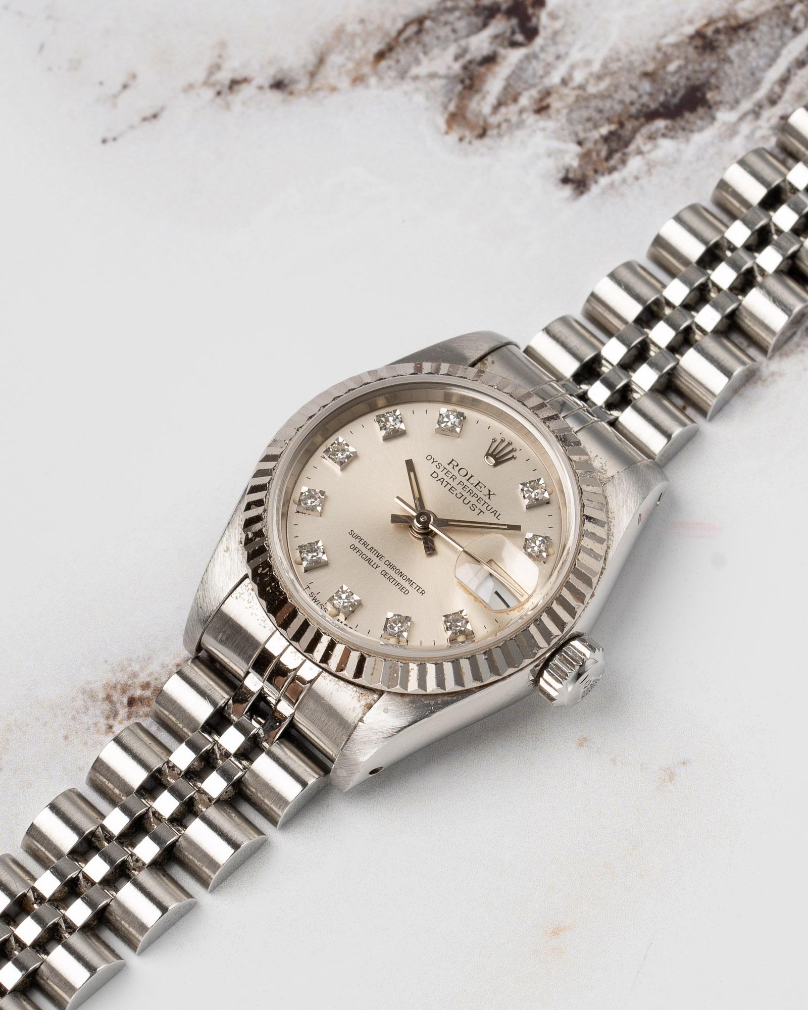 Rolex Mini Datejust 26mm 69174G Silver Diamond Dial 18k Fluted Bezel Jubilee 199 For Sale 7