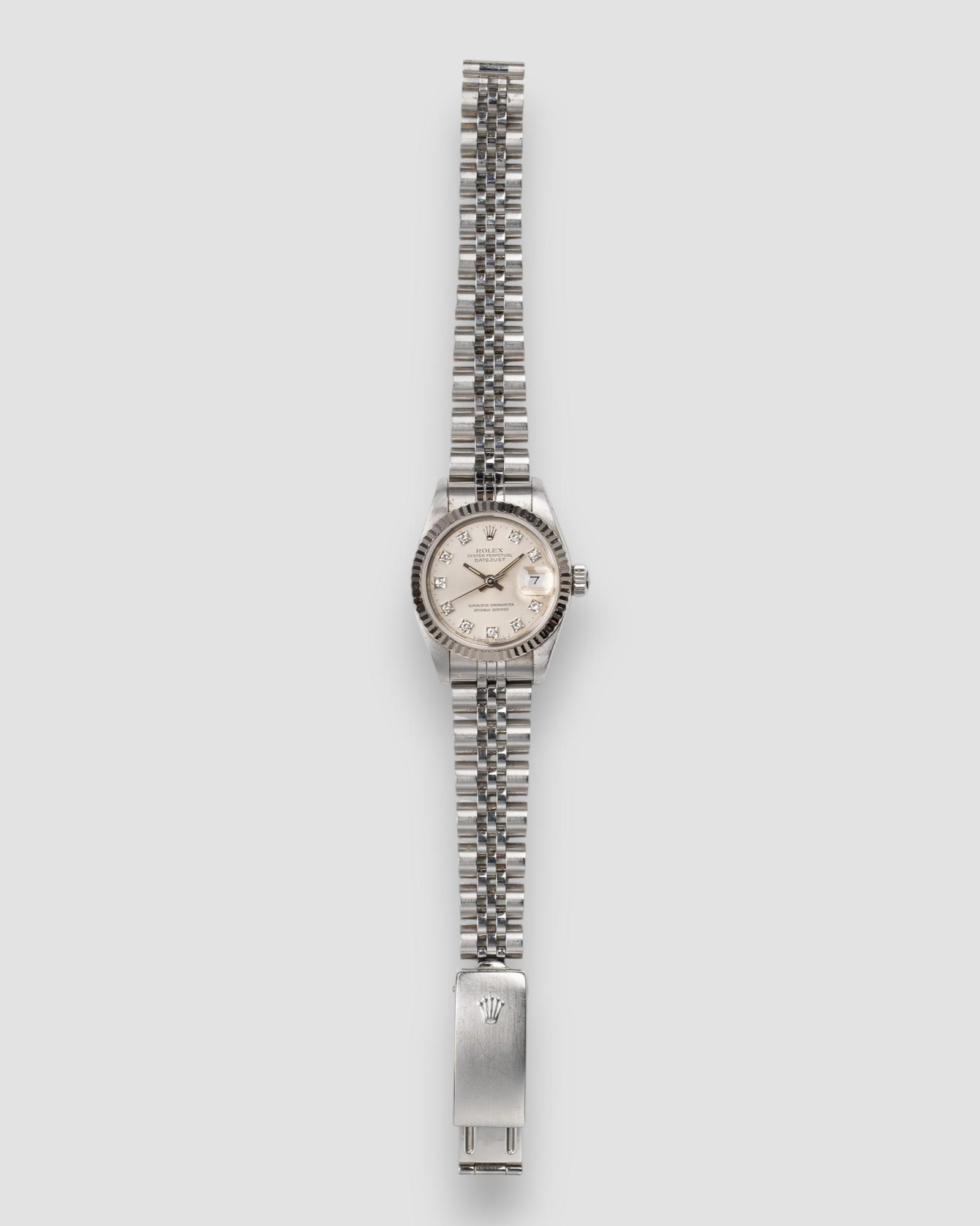 Rolex Mini Datejust 26mm 69174G Silver Diamond Dial 18k Fluted Bezel Jubilee 199 For Sale 8