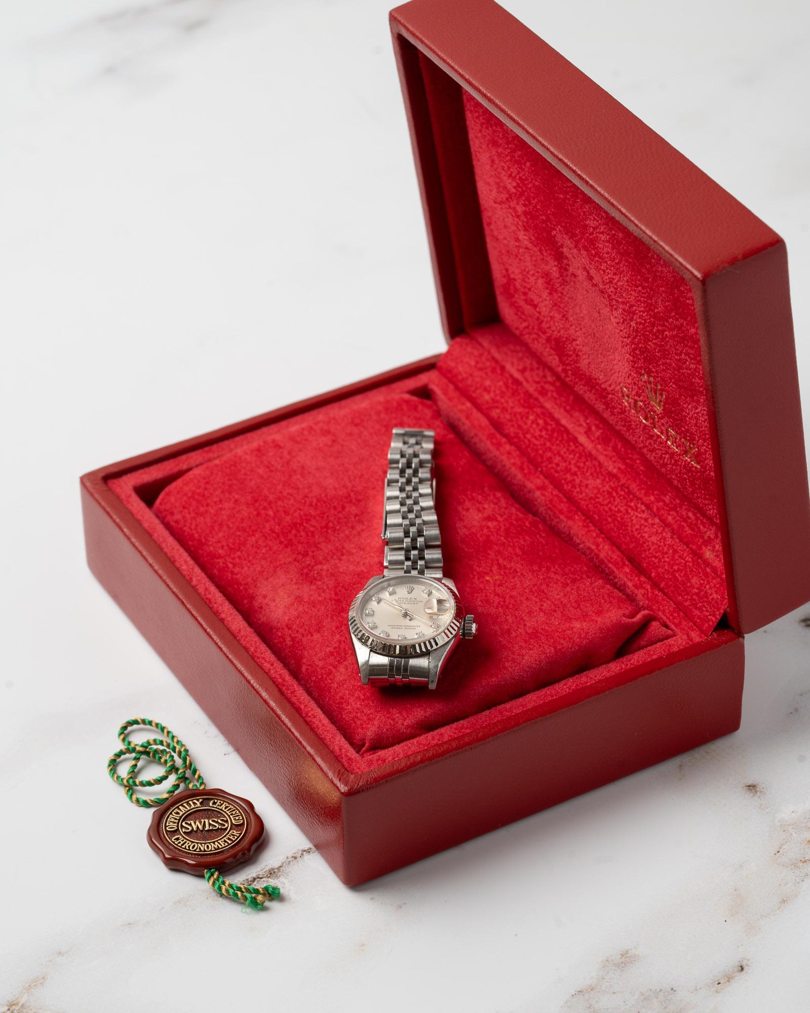 Rolex Mini Datejust 26mm 69174G Silver Diamond Dial 18k Fluted Bezel Jubilee 199 In Good Condition For Sale In SYDNEY, AU