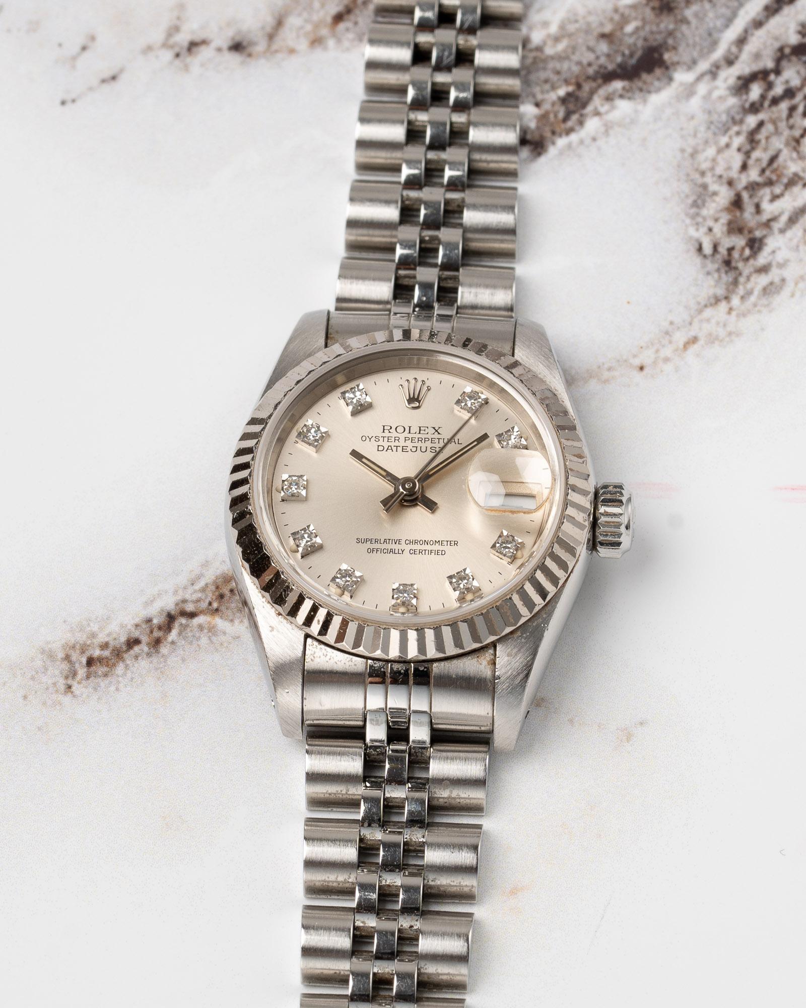 Women's Rolex Mini Datejust 26mm 69174G Silver Diamond Dial 18k Fluted Bezel Jubilee 199 For Sale