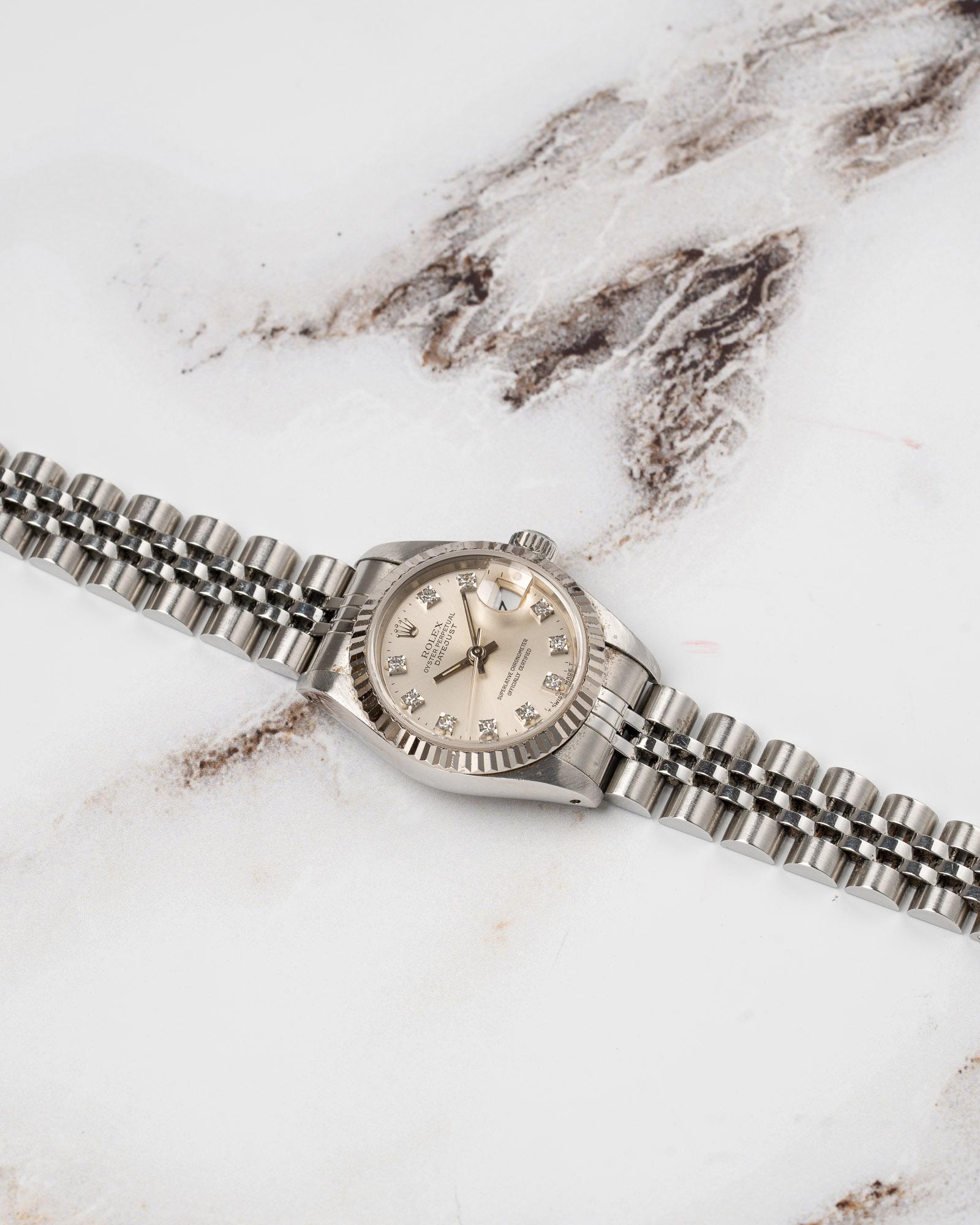 Rolex Mini Datejust 26mm 69174G Silver Diamond Dial 18k Fluted Bezel Jubilee 199 For Sale 4