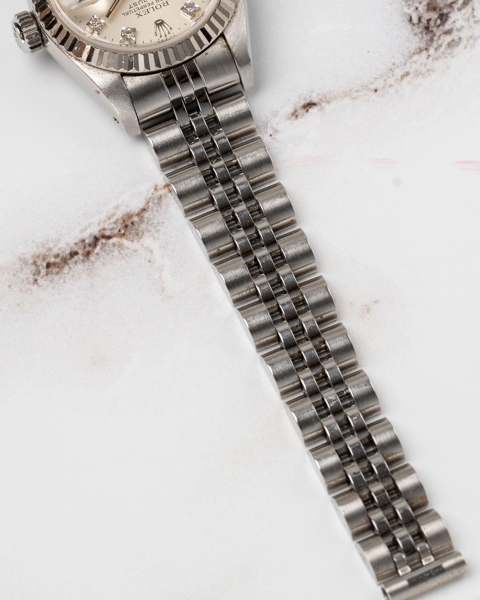 Rolex Mini Datejust 26mm 69174G Silver Diamond Dial 18k Fluted Bezel Jubilee 199 For Sale 5