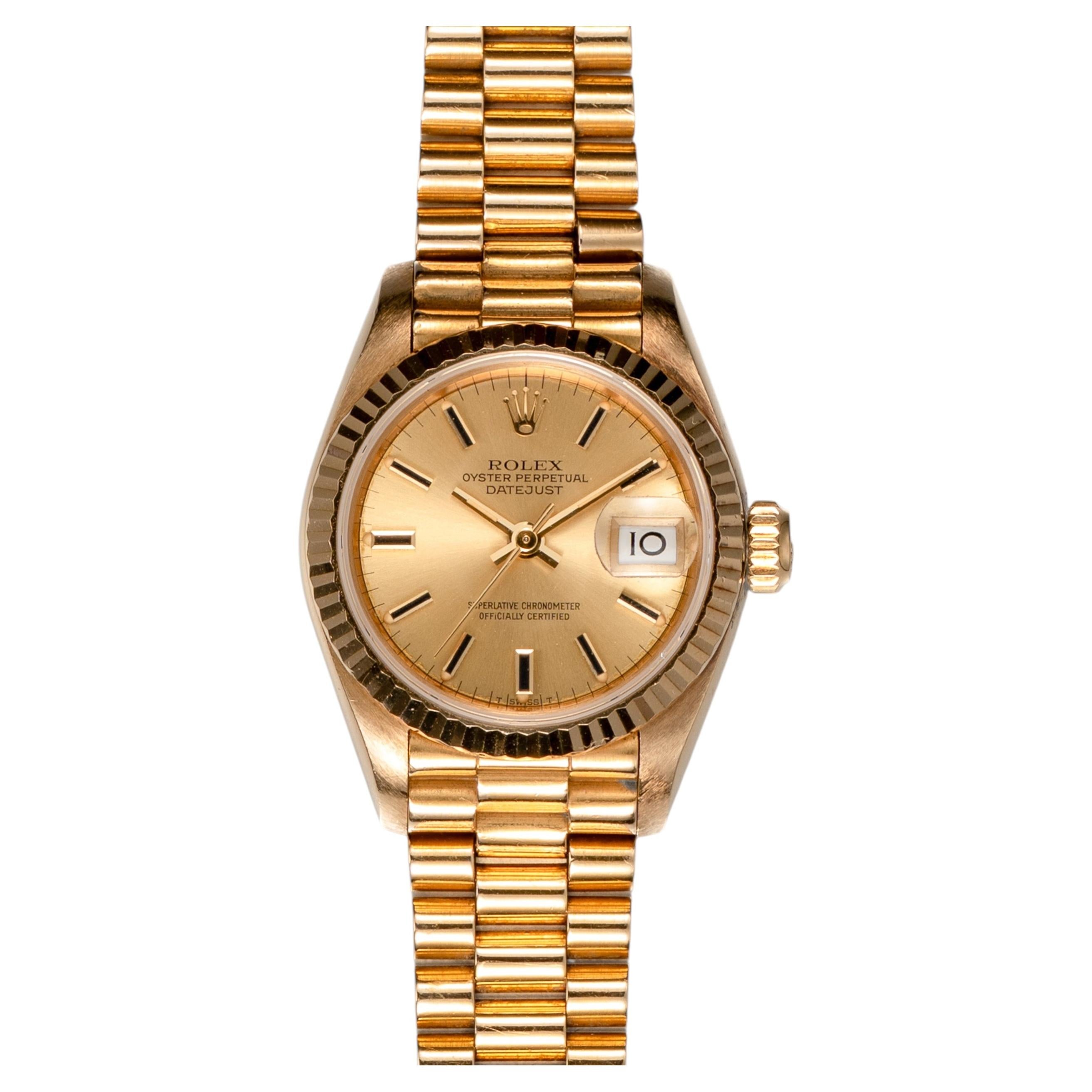 Rolex Mini Datejust 69178 26mm Champagne Stick Dial 18k YG 8.1m Serial 1985 For Sale