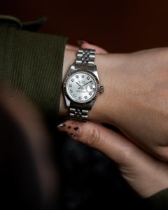 Rolex Mini Datejust 79174 26mm Silver Diamond Dial 18k WG Fluted Bezel Steel 200