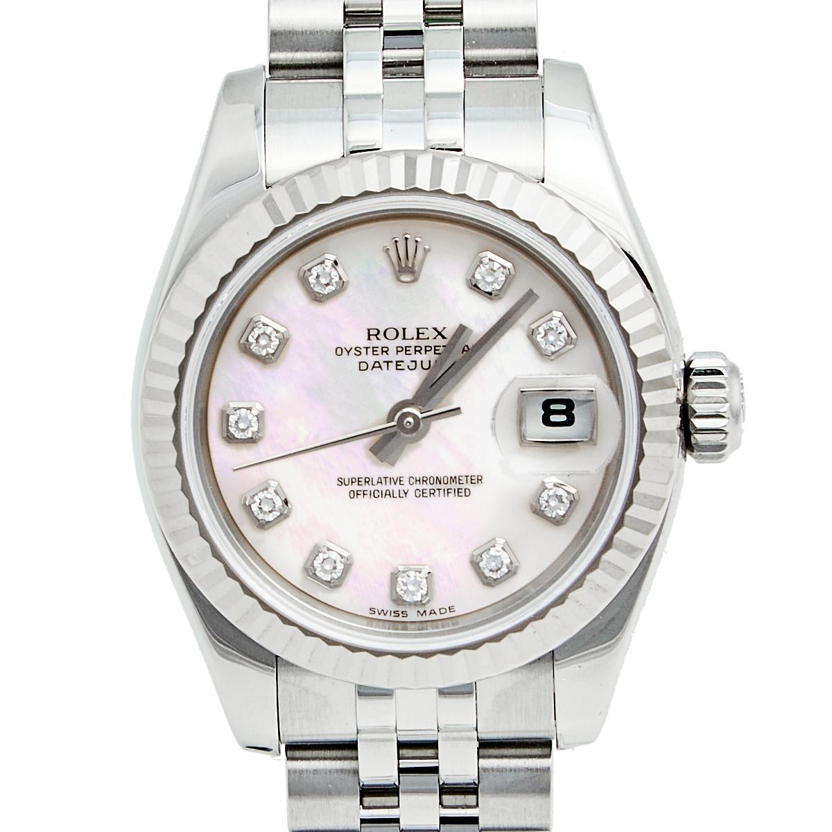 Rolex MOP Diamonds 18K White Gold Stainless Datejust Women's Wristwatch 26 MM 2