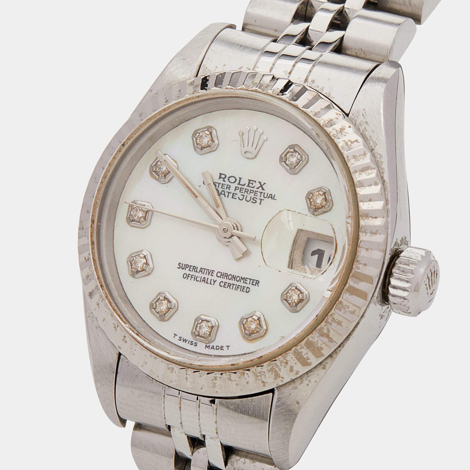 Rolex Mother Of Pearl Diamonds 18K White Gold Stainless Steel Datejust 69174  3