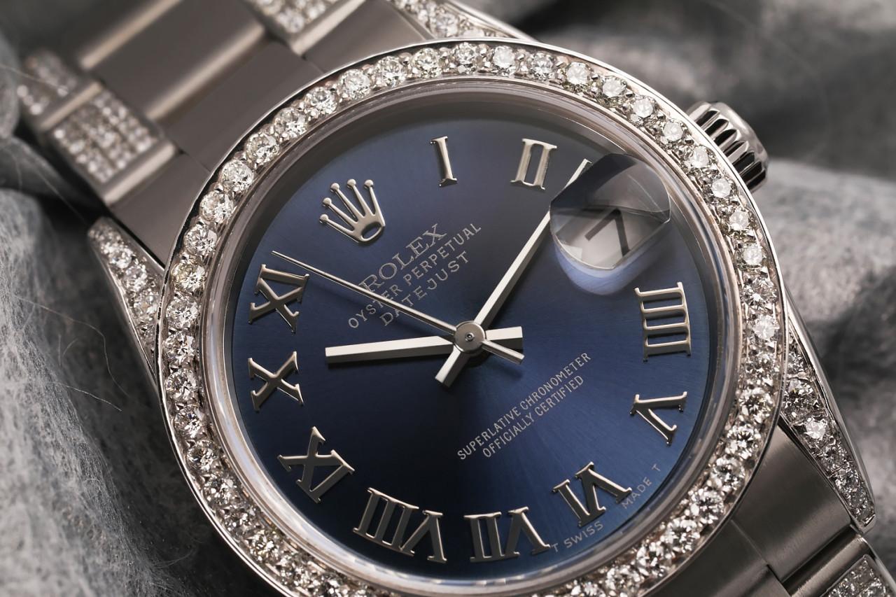 Men's Rolex Navy Roman 36mm Datejust S/S Oyster Perpetual Diamond Side Band+ Bezel & Lugs Watch 16030.
This watch is in like new condition. It has been polished, serviced and has no visible scratches or blemishes. All our watches come with a
