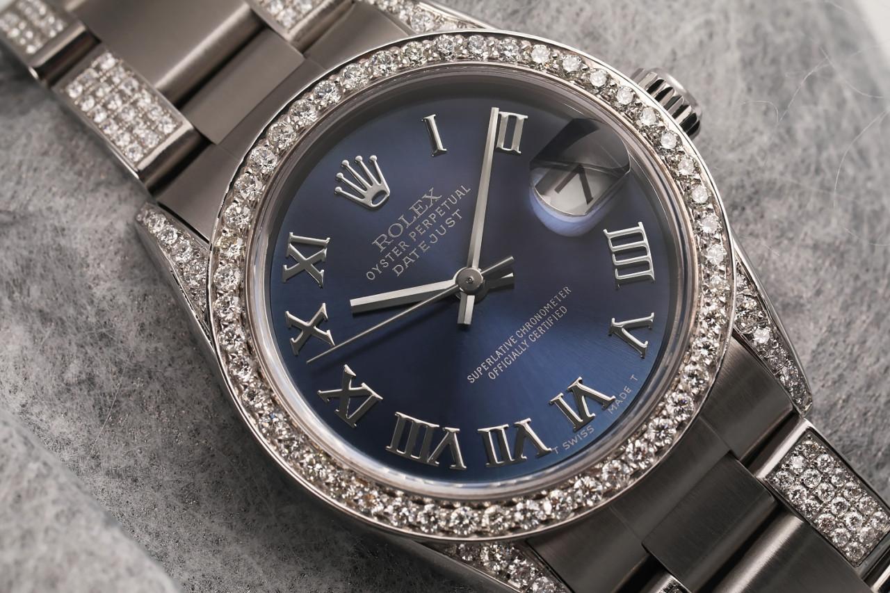 Round Cut Rolex Navy Roman 36mm Datejust S/S Oyster Perpetual Diamond Side Band Bezel For Sale