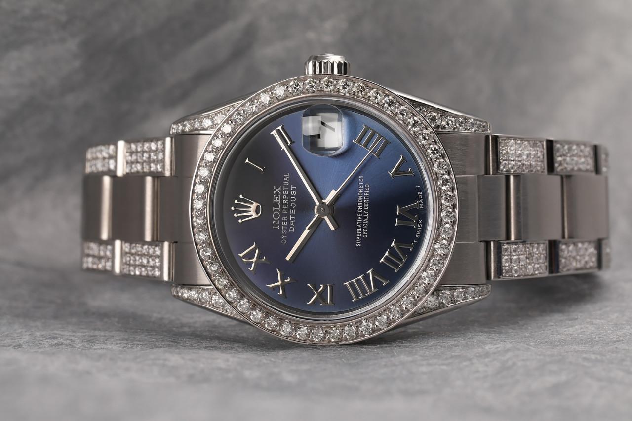 Rolex Navy Roman 36mm Datejust S/S Oyster Perpetual Diamond Side Band Bezel  In Excellent Condition For Sale In New York, NY