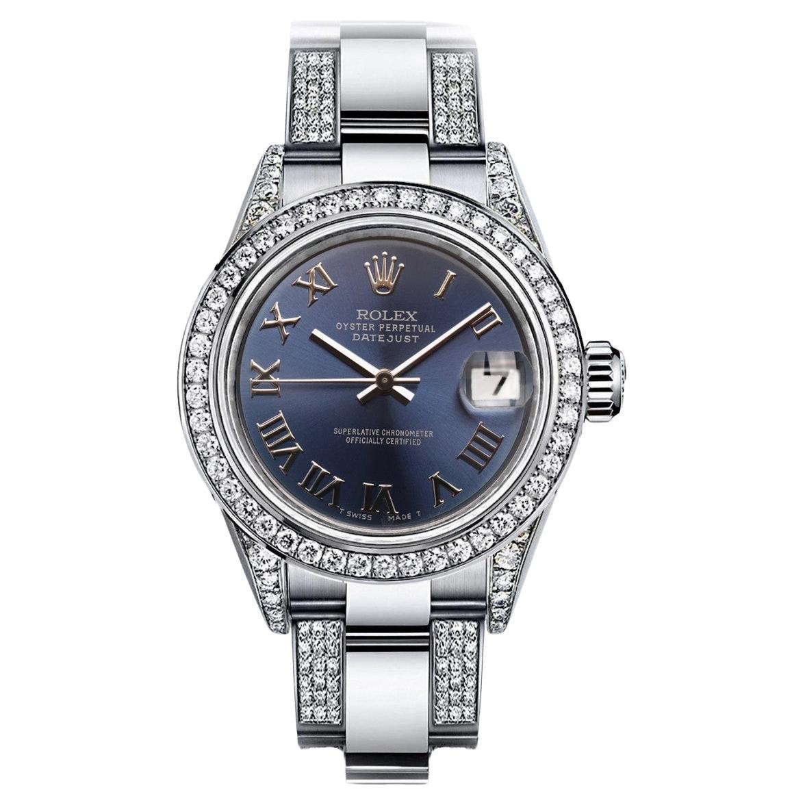 Rolex Navy Roman 36mm Datejust S/S Oyster Perpetual Diamond Side Band Bezel  For Sale
