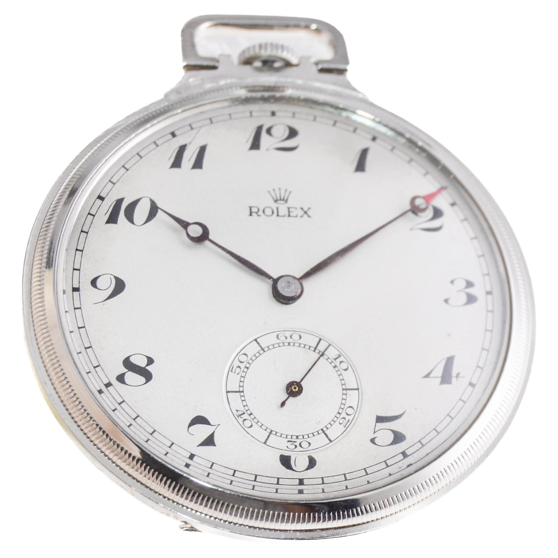 Rolex Nickel Silver Pocket Watch with Period Vintage Chain Original Dial 1940's In Excellent Condition For Sale In Long Beach, CA