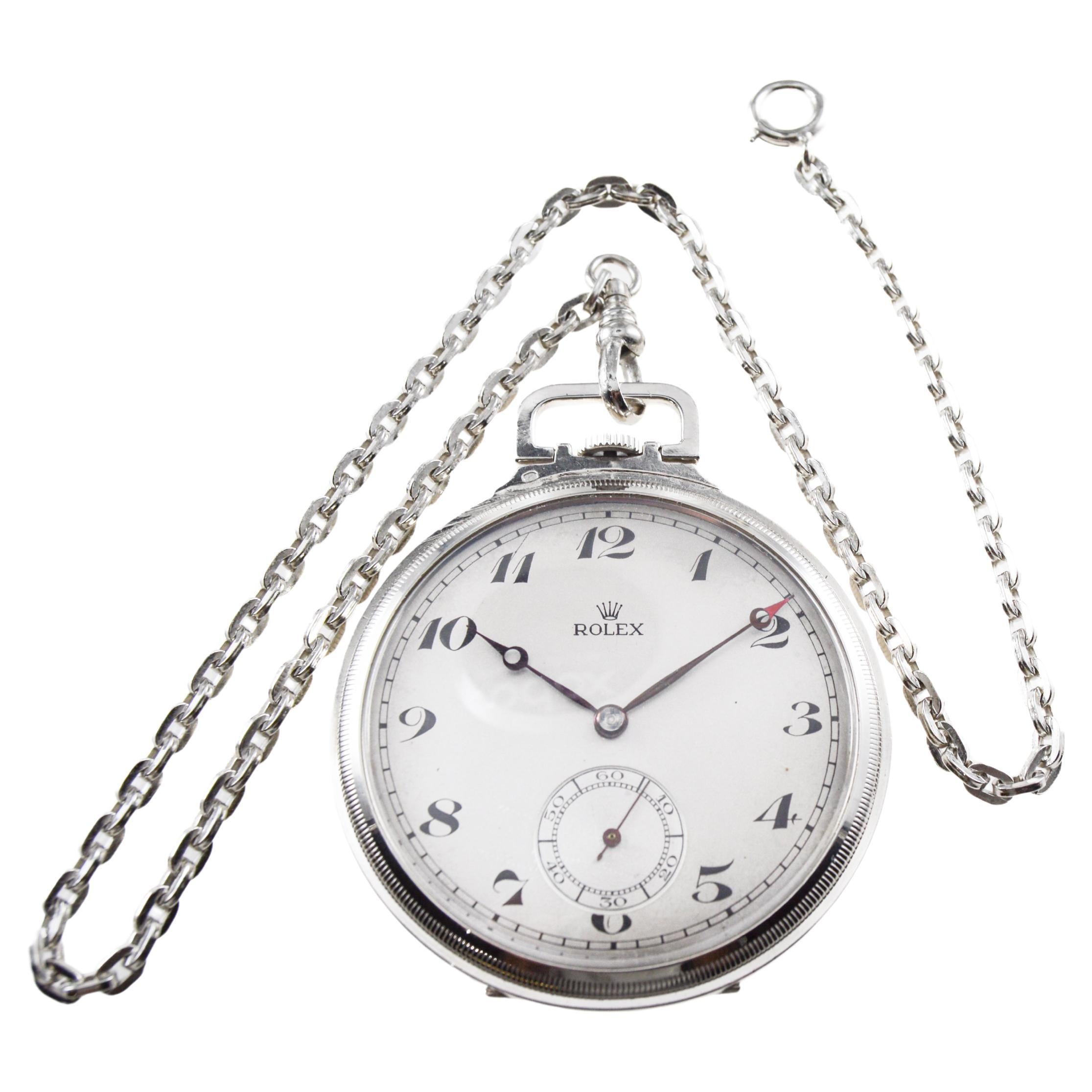 Rolex Nickel Silver Pocket Watch with Period Vintage Chain Original Dial 1940's For Sale
