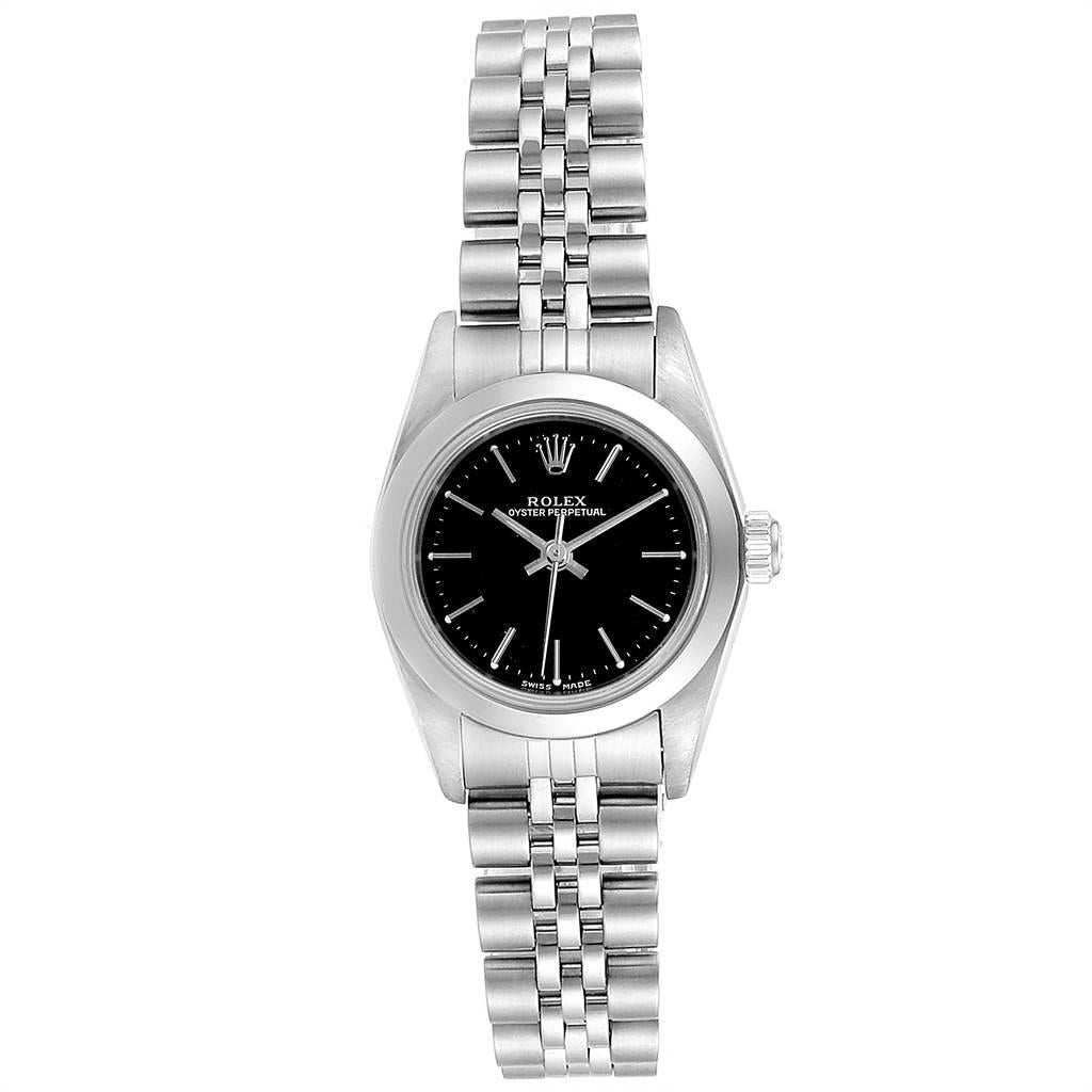 Rolex Non-Date Black Dial Automatic Steel Ladies Watch 76080. Officially certified chronometer self-winding movement. Stainless steel oyster case 24.0 mm in diameter. Rolex logo on a crown. Stainless steel smooth domed bezel. Scratch resistant